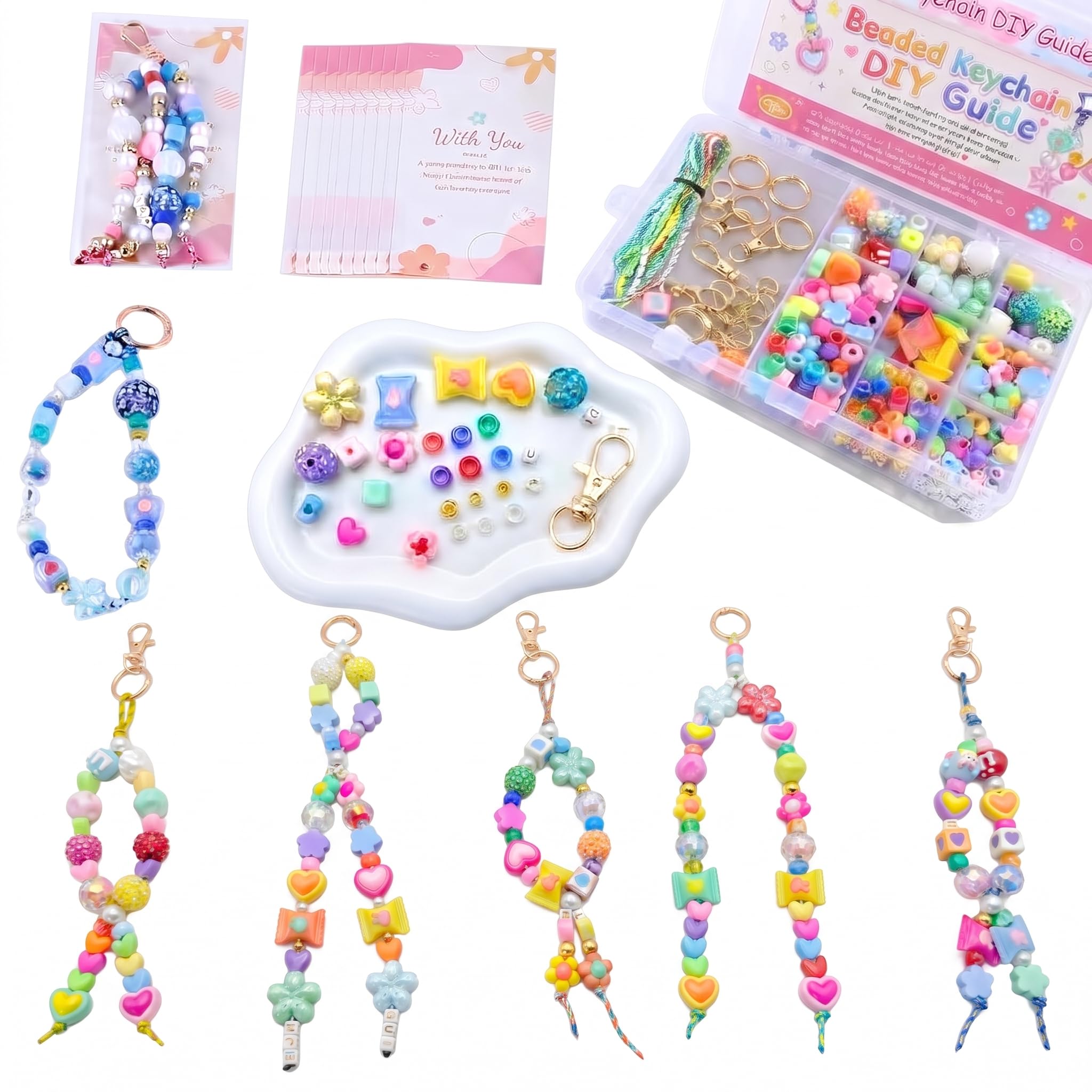 XZNBIAYA Kit di 1000 portachiavi con perline, kit fai da te, kit per la creazione di portachiavi con perline in acrilico, cuore, fiore, alfabeto, portachiavi, kit per la creazione di gioielli