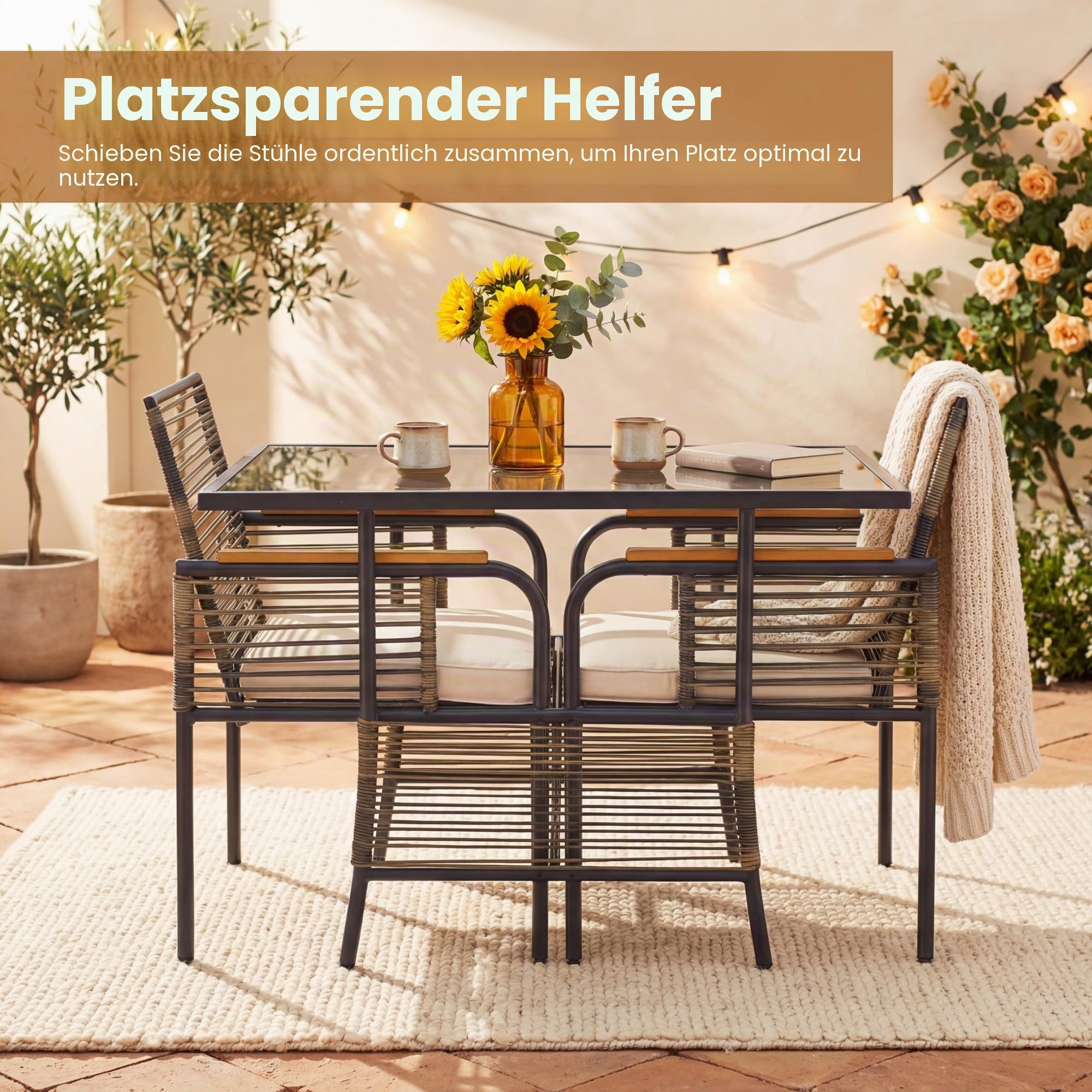 LIFEZEAL 3-TLG. Gartenmöbel Set, 3-teiliges Balkonmöbel-Set Rattan, Esstisch mit 2 Stühlen inkl. Sitzkissen, Terrassenmöbel Sitzgruppe für Balkon, Veranda, Garten, Hof (Beige)