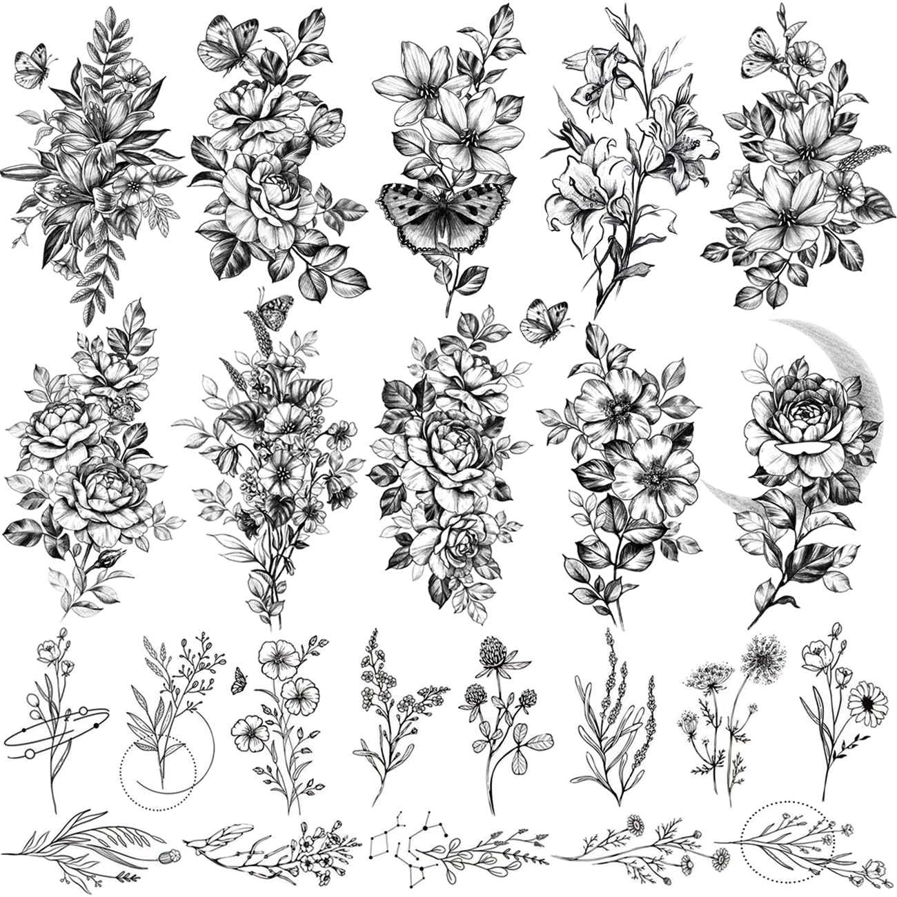 CHARLENT 23 Bögen Schwarze Blumen Temporäre Tattoos Damen, realistisch | Wasserfeste Blumen Tattoos mit Rose, Orchidee und Zweig Design, feminine Body Art für Arm, Hals, Hände und Körper