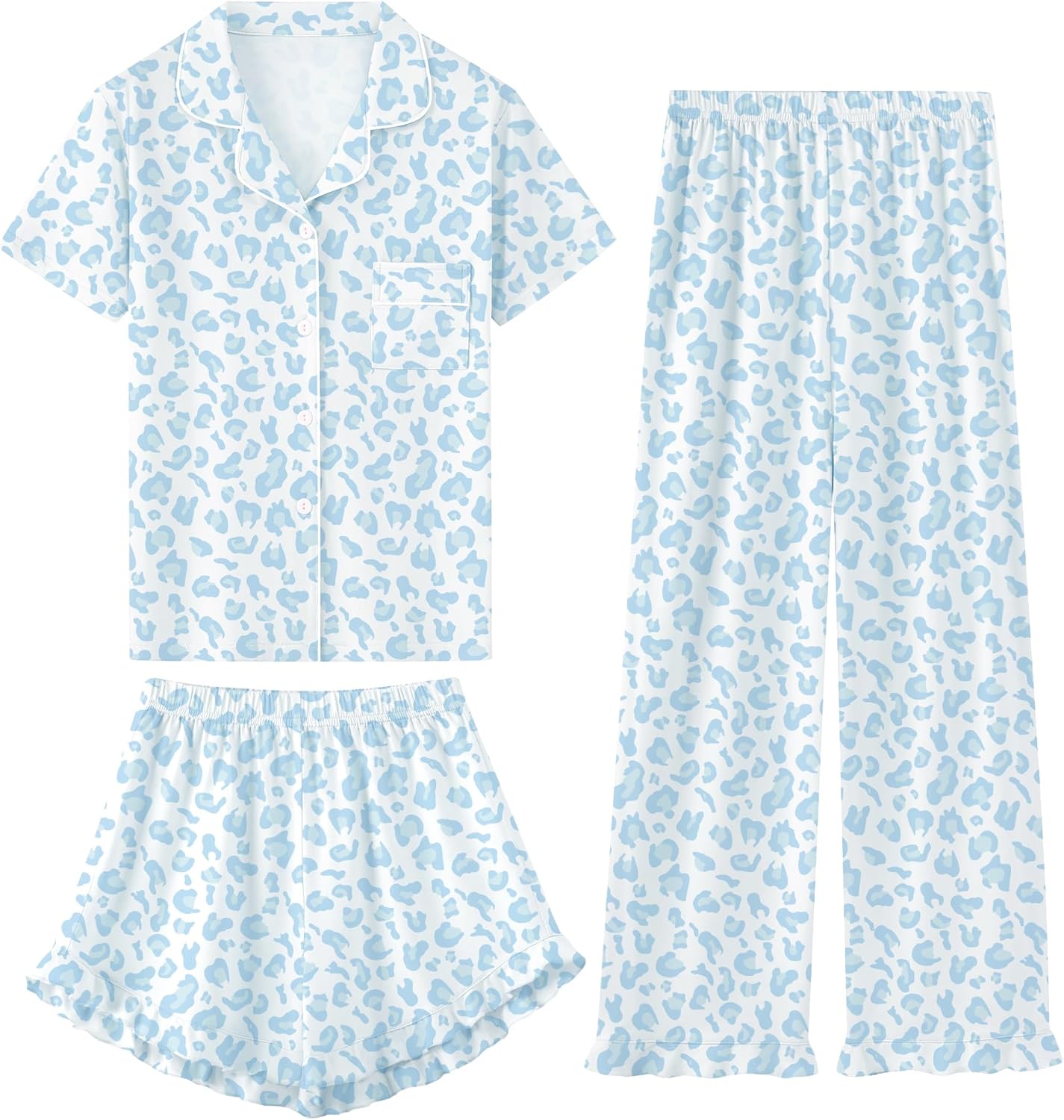 Schbbbta Girls Pajamas Set 3 Piece Button Down Sleepwear Short Sleeve Long Pants with Shorts Pjs Ruffle Nightwear 5-14 Years
