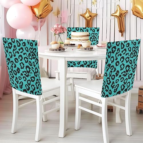 Miniatura 5 de Juego de 6 fundas decorativas extraíbles para silla de fiesta de cumpleaños de 19.7 x 23.6 pulgadas, color verde azulado y negro leopardo