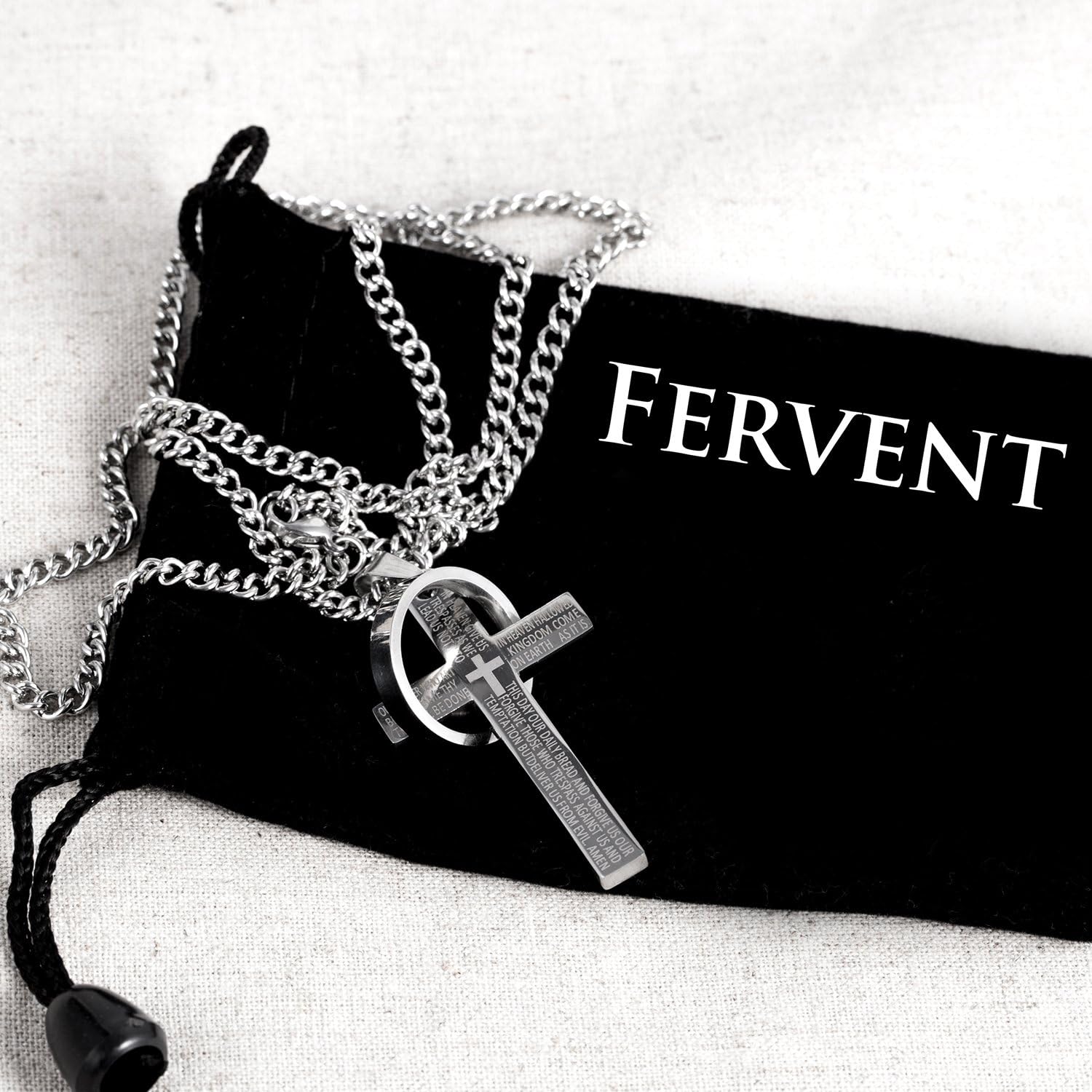 Fervent Easter | Christmas | Men's Necklace - Cross Chain [Lord's Prayer] Cross & Ring Halo - Stainless Steel - Gift for Him - Image 9