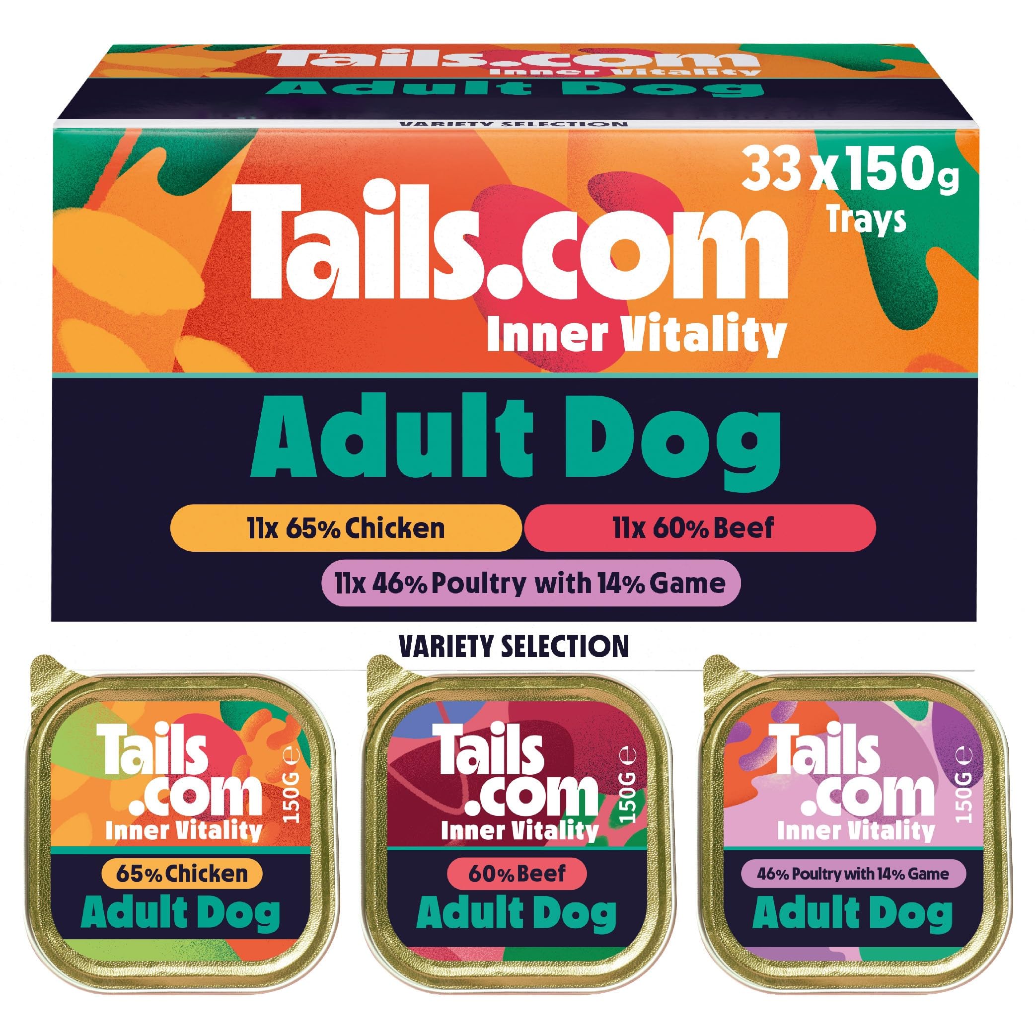 Tails.com • Wet Dog Food 33 x 150g • Variety Bundle Multipack 65% Chicken, 60% Beef and 60% Poultry & Game • Adult 1-7 years • Grain Free Recipes • Made with natural ingredients