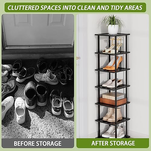 Miniatura 6 de Zapatero alto vertical para entrada, 7 niveles, delgado, estrecho, de madera de bambú, apilable, soporte de almacenamiento para botas, espacios