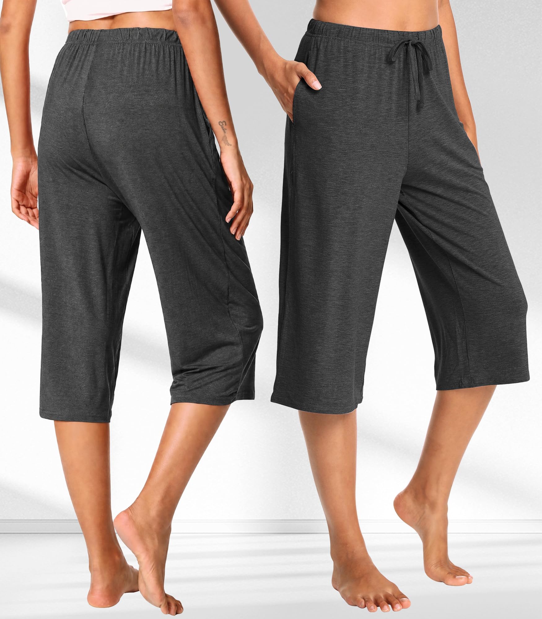 WiWi Pantaloni Capri in viscosa di bambù, da donna, a gamba larga, con tasche, in morbida maglia, taglie S-XXL