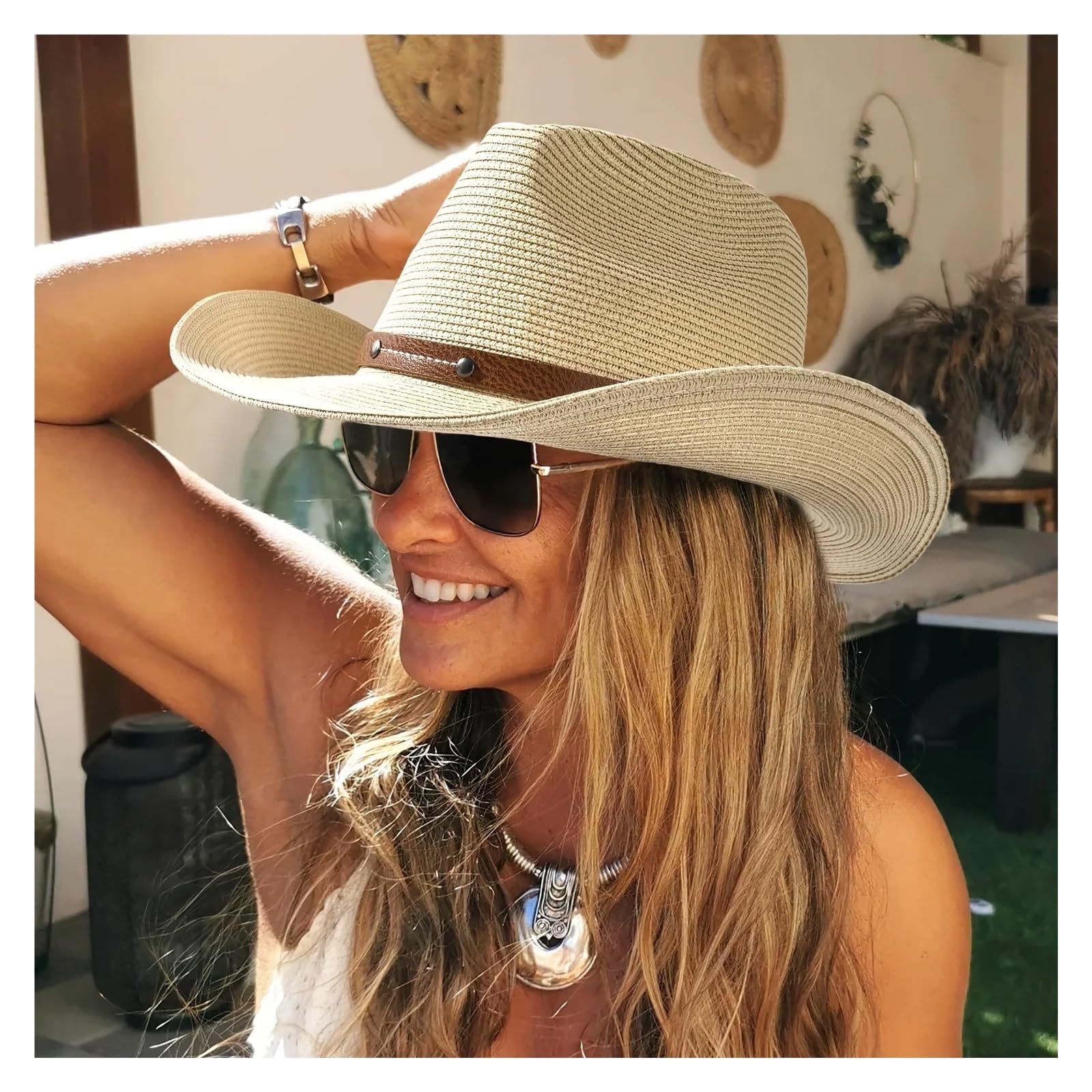 Sombrero Cowboy Sombrero vaquero de paja ala ancha unisex plegable, con protección solar, ideal for playa y verano, cordón for el viento
