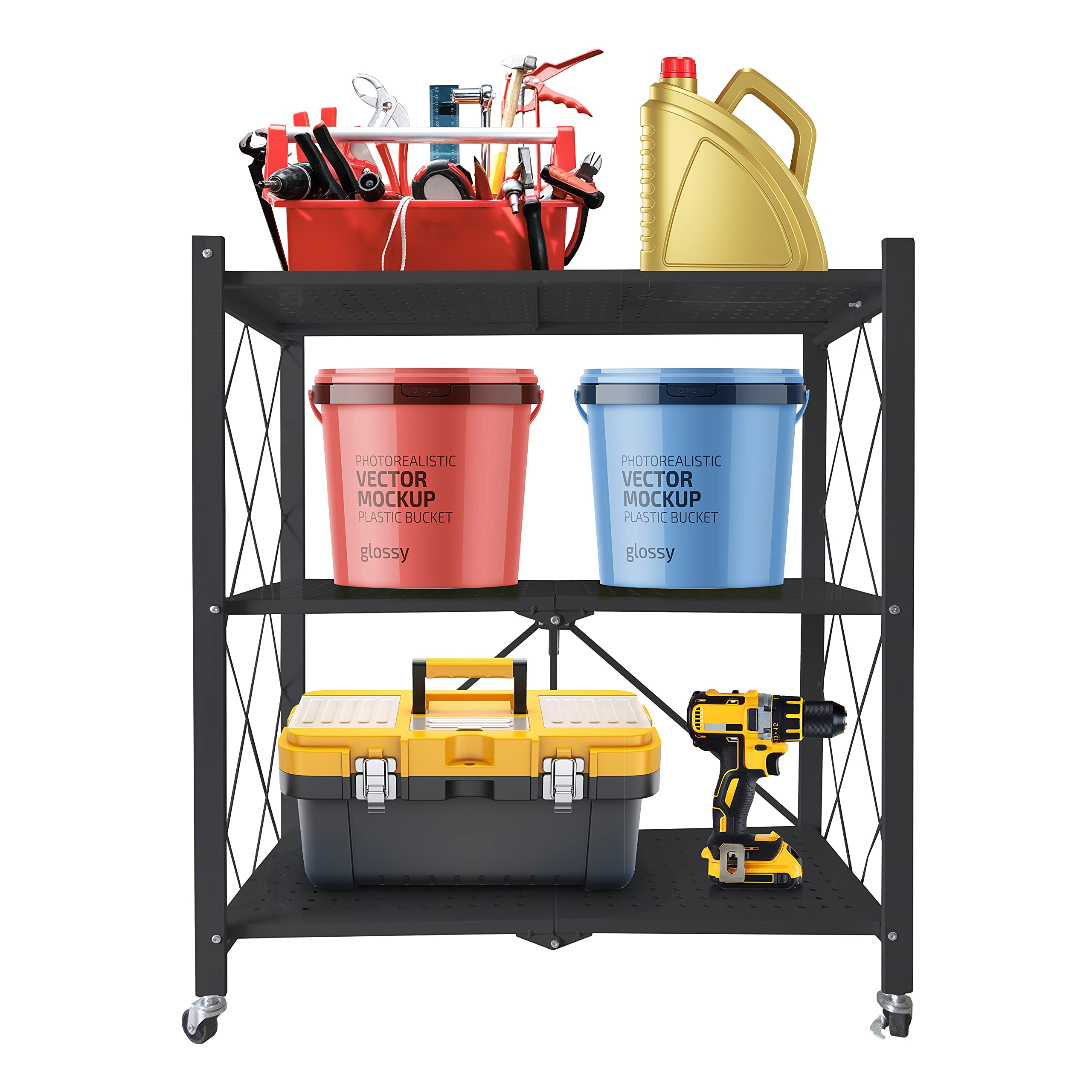 Nyana Home | Estantería Plegable con Ruedas | Gran Capacidad de Almacenamiento | 3 baldas, hasta 240 Kg. | Ideal hogar, Cocina, baño habitación, Garaje (Black)