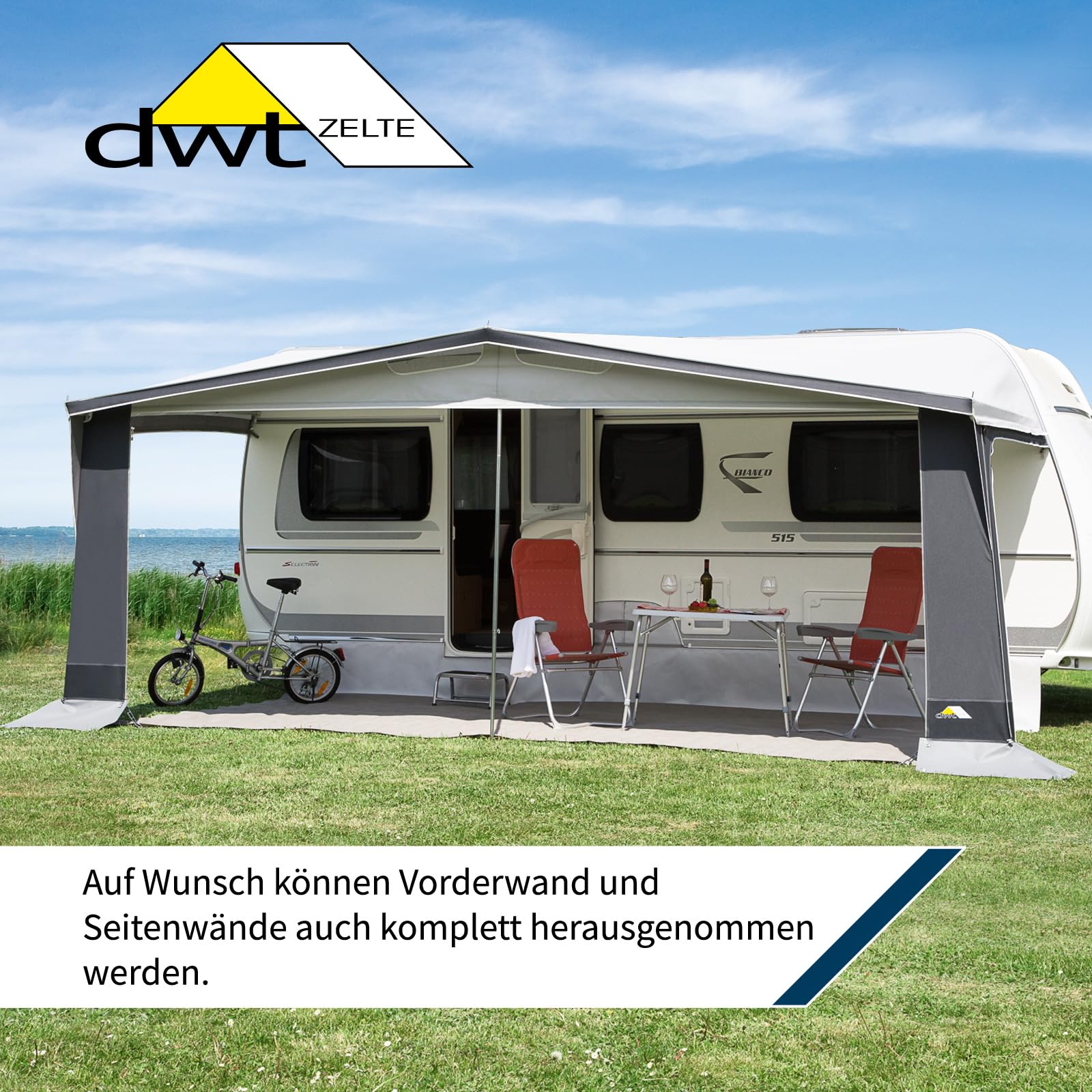DWT Wohnwagen Vorzelt Polo für Reise- und Saisoncamping, 240 cm Tiefe, hochwertiges und beidseitig kunststoffbeschichtetes Polyestergewebe, 5-teiliges Zelt