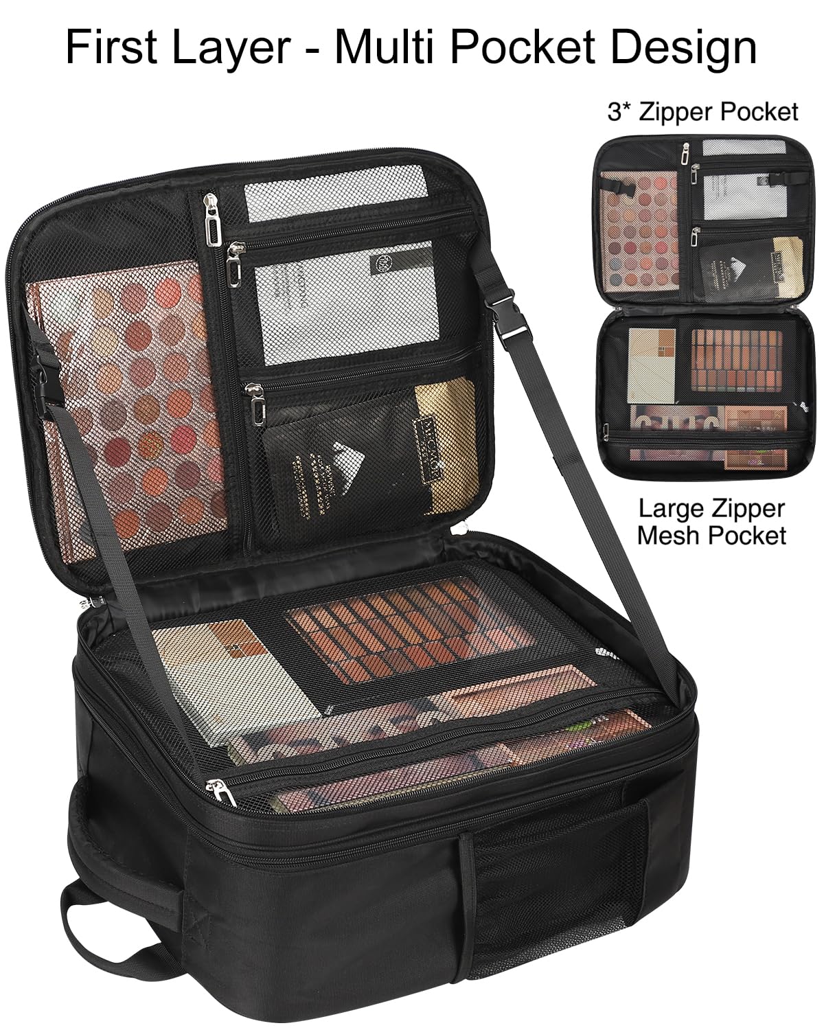 Relavel Sac à dos cosmétique professionnel extra large voyage cosmétique organisateur de rangement double couche grande capacité avec 4 compartiments intérieurs noir
