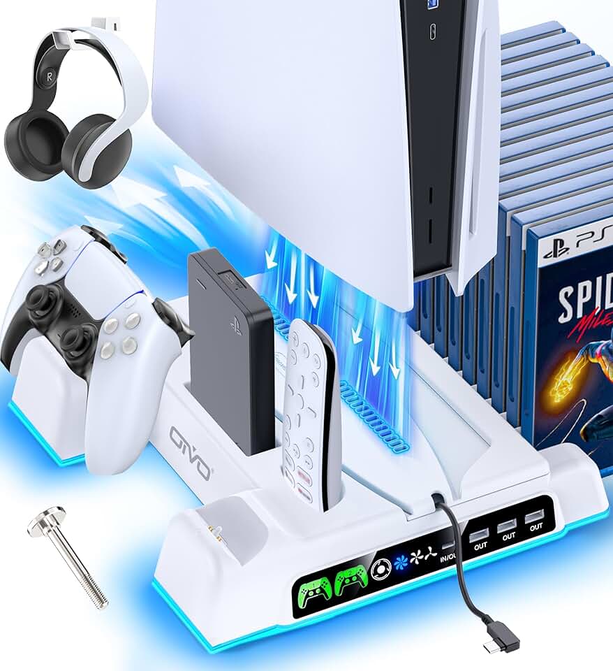 PS5/Slim/Pro Stand and Cooling Station with LED Controller Charging Station for PlayStation 5 Console, Controller Charger, Cooling Stand, PS5/Slim/Pro Skin Accessories Kit with 3 Level Cooler Fan