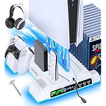 PS5/Slim/Pro 支架和冷却站,带 LED 控制器充电站,适用于 PlayStation 5 控制台、控制器充电器、冷却支架、PS5/Slim/Pro 配件套件,带 3 级冷却风扇