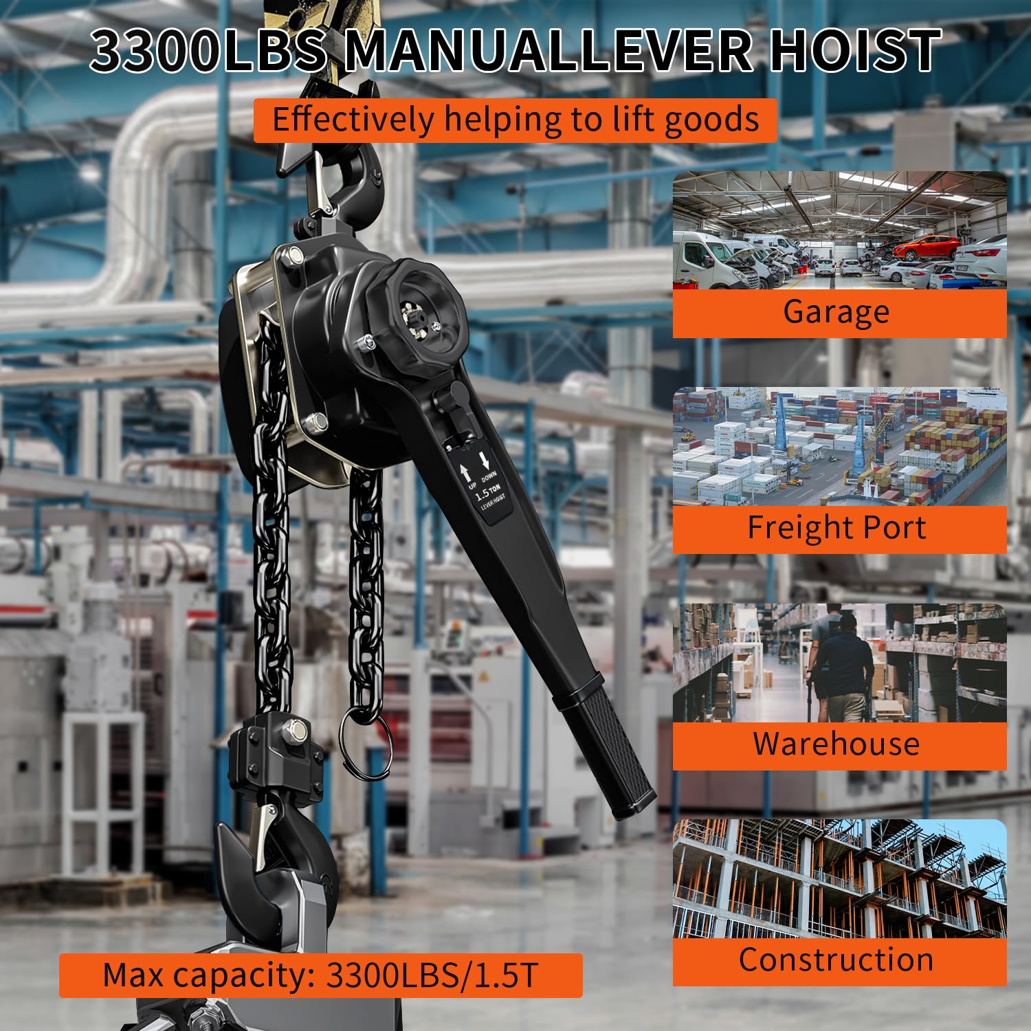 Manueller Hebel-Kettenzug, 1,5 Tonnen, 1,5 Tonnen Tragkraft, 3 m, G80-Karbonstahl mit Doppelklinkenbremse, 360° drehbarer Haken, für Garagenwerksdock (Hebel-Kettenzug 1,5 t/3 m)