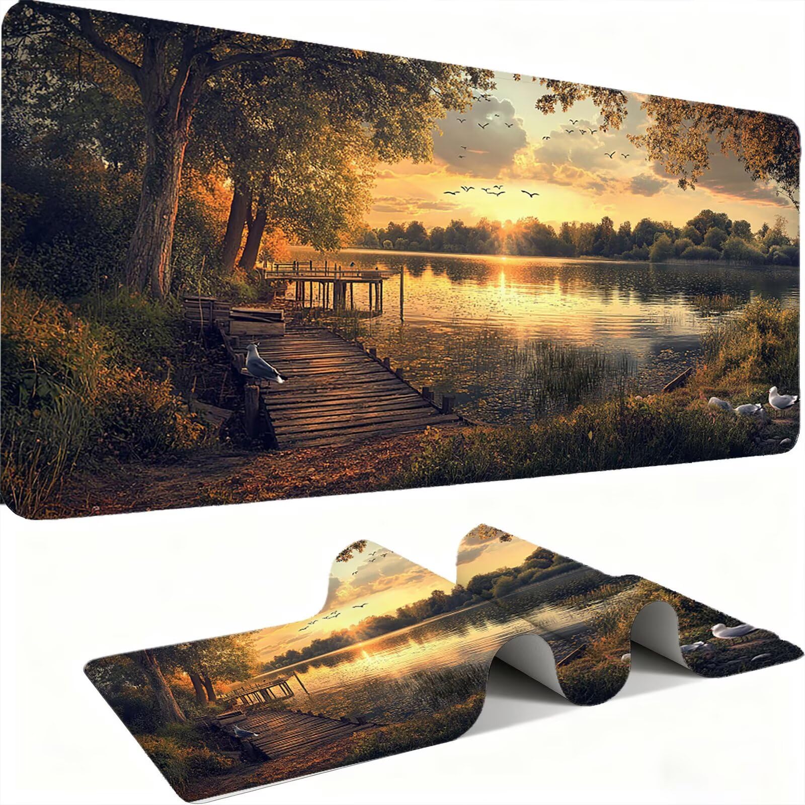 Podkładka pod mysz Zachód Słońca/Krajobraz XXL 1500 x 800 mm Duża podkładka pod mysz Przyszyte krawędzie Wodoodporna Antypoślizgowa Duże Rozszerzone Biurko Akcesoria do PC, Poprawia dokładność i