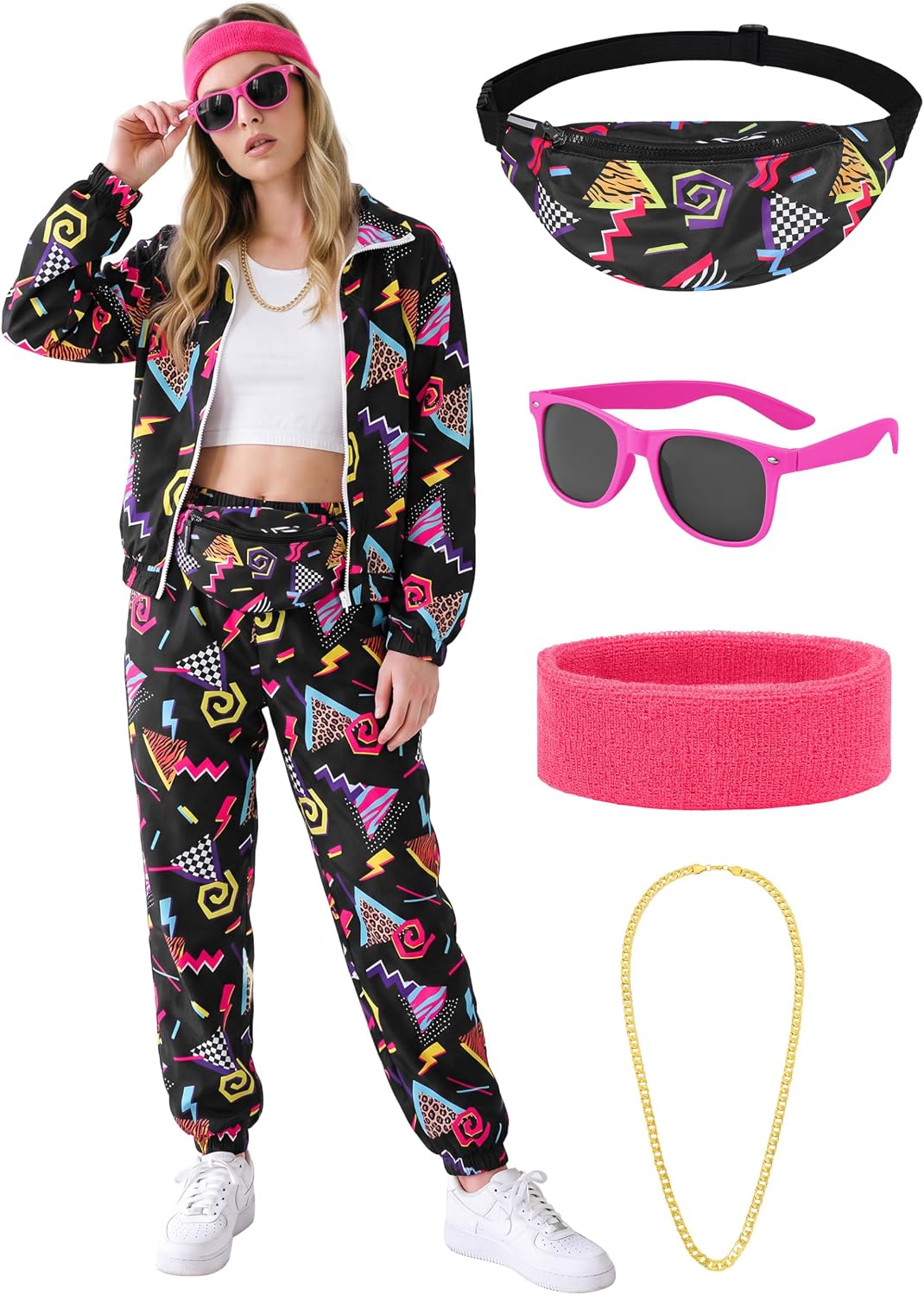 SOMSOC 7 Pieces 80s Tracksuit for Women 90s Windbreaker Sweatpants Outfit Color Block Jacket with Fanny Pack Accessories