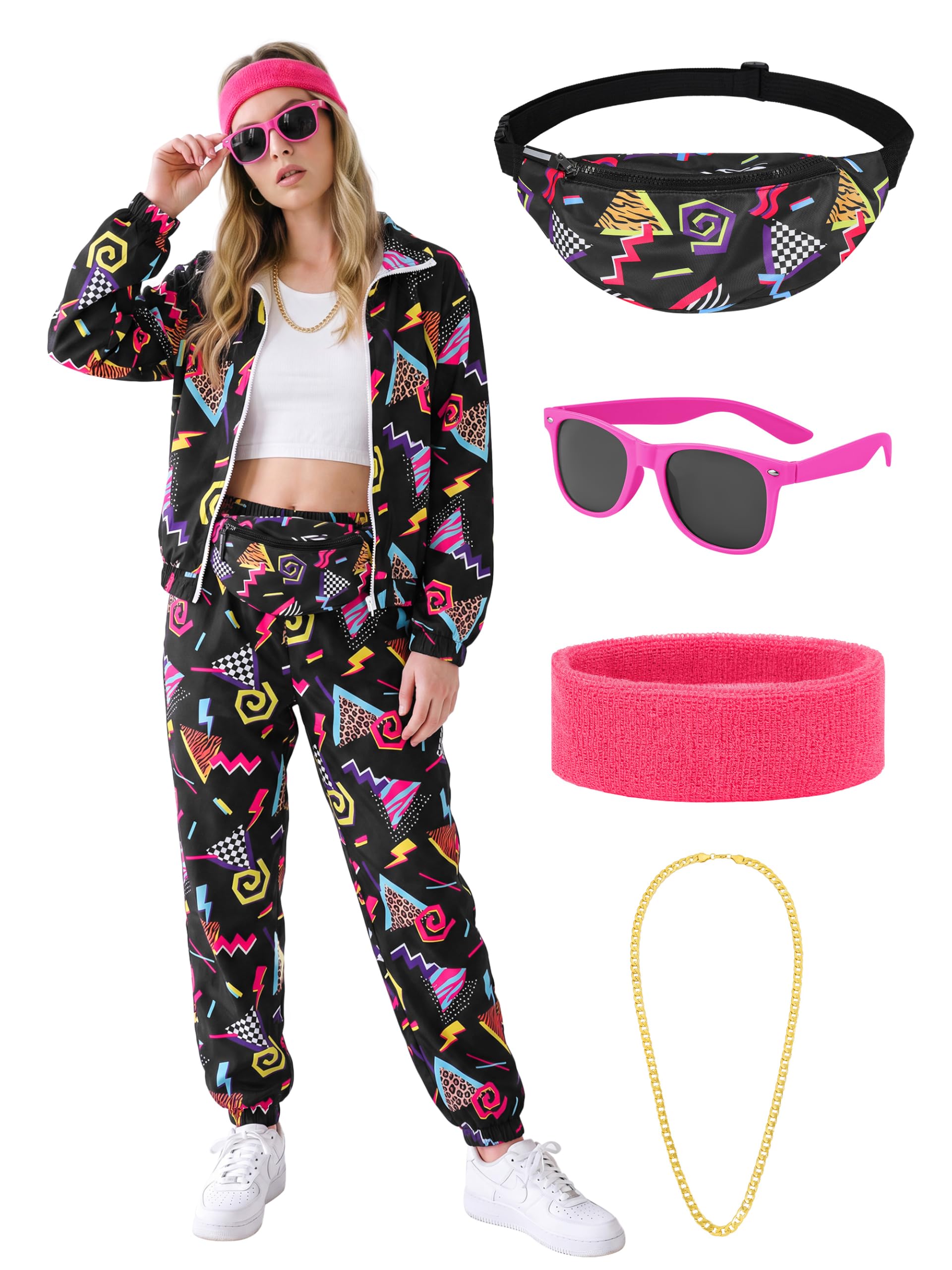 SOMSOC 7 Pieces 80s Tracksuit for Women 90s Windbreaker Sweatpants Outfit Color Block Jacket with Fanny Pack Accessories