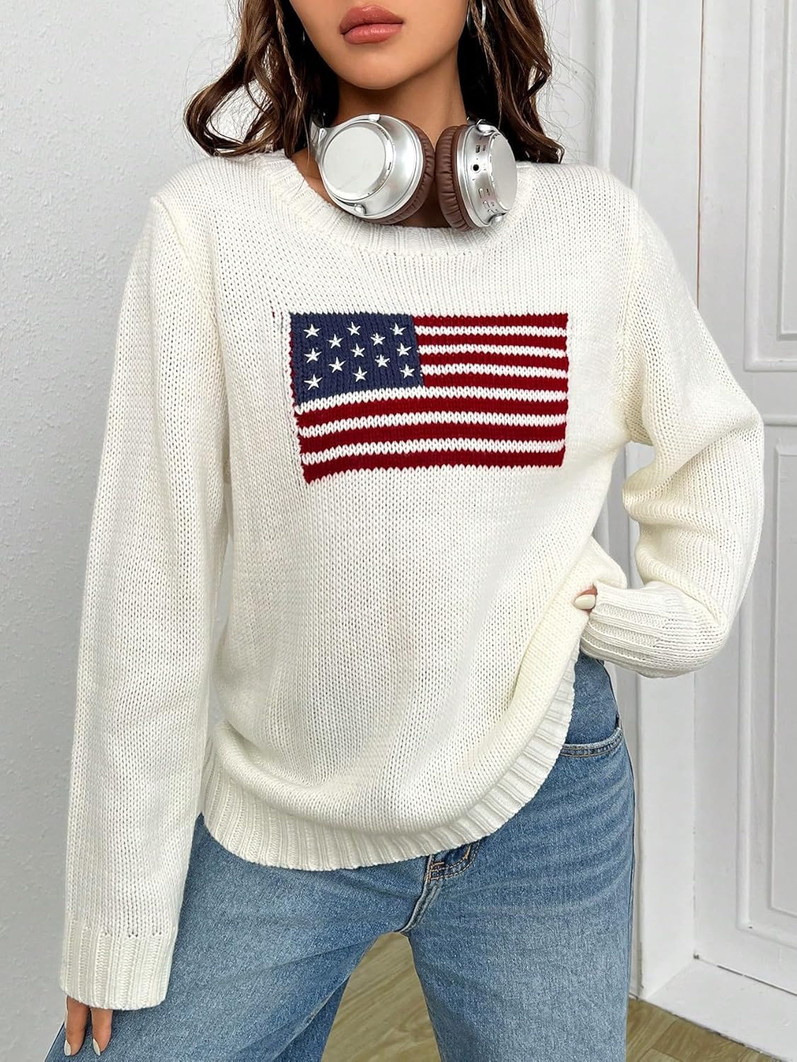 SweatyRocks Women's Flag Pattern Long Sleeve Round Neck Sweater Casual Loose Pullover Sweater - Image 4
