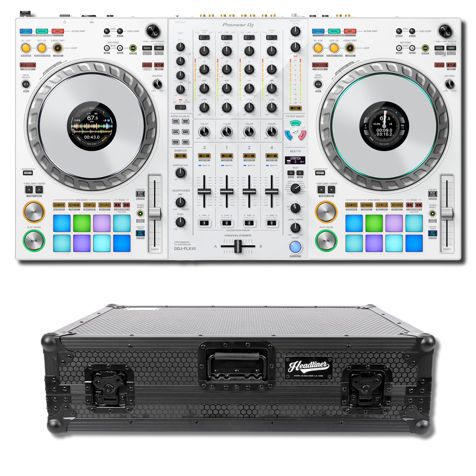 Pioneer DDJ-FLX10-W 4-Channel DJ Controller Bundle with Headliner HL10013 Pitch Black Rolling Flight Case — STEMS Track Separation, DMX Lighting, Dual USB-C, rekordbox and Serato