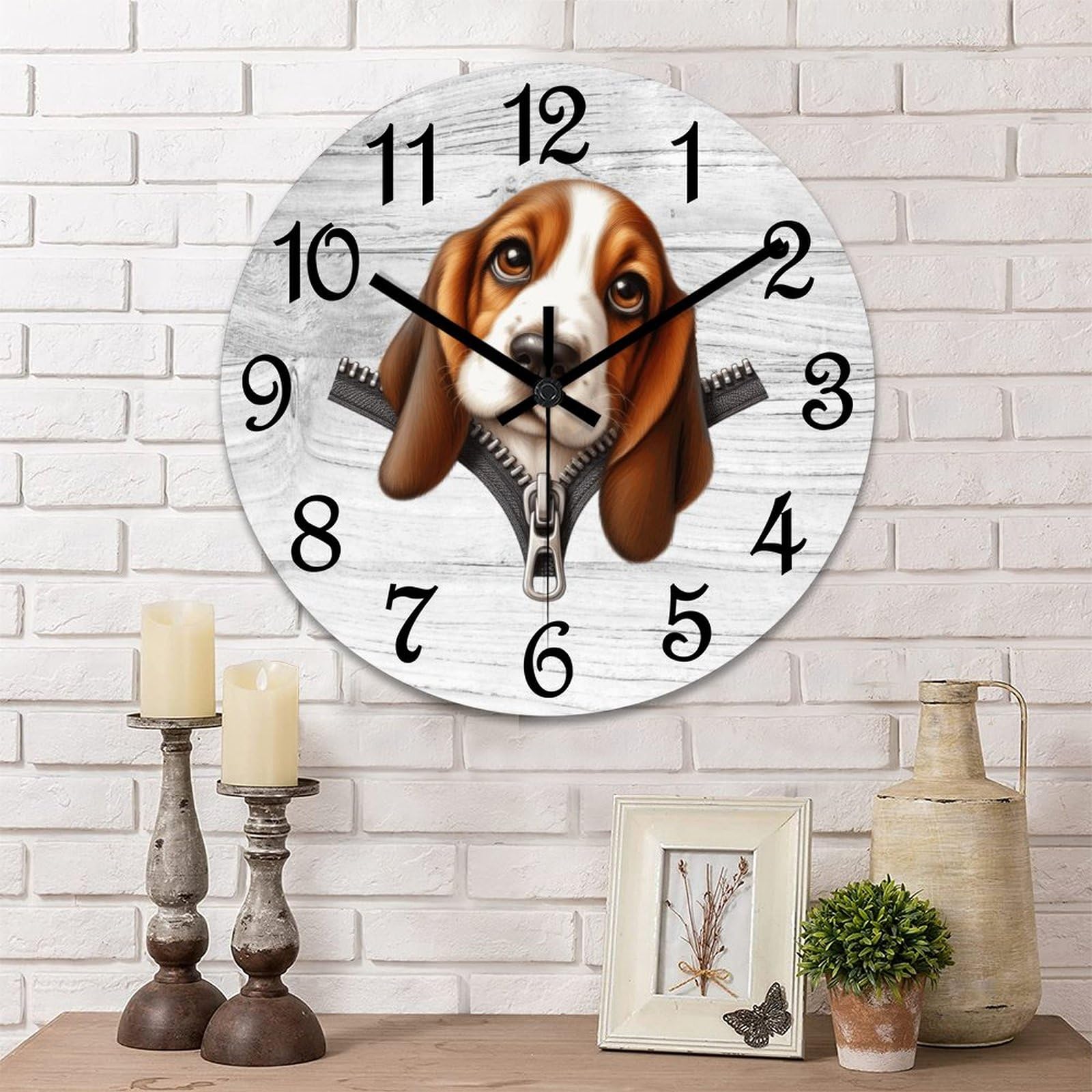 Horloge murale ronde moderne à piles pour décoration de bureau avec motif chien
