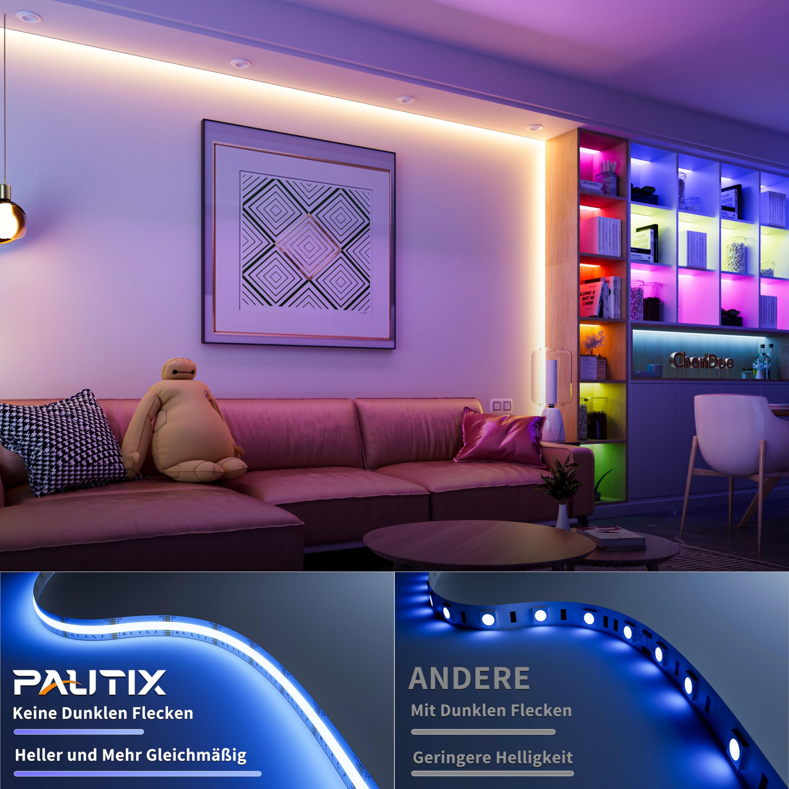 PAUTIX COB LED Streifen RGBCCT 10M,Dimmbar RGB+WW/CW 2700K-6500K Farbwechselnde Smart LED Strip Lights mit APP Control und RF Fernbedienung,24V LED Band mit Timer,Musik Modus für DIY Beleuchtung
