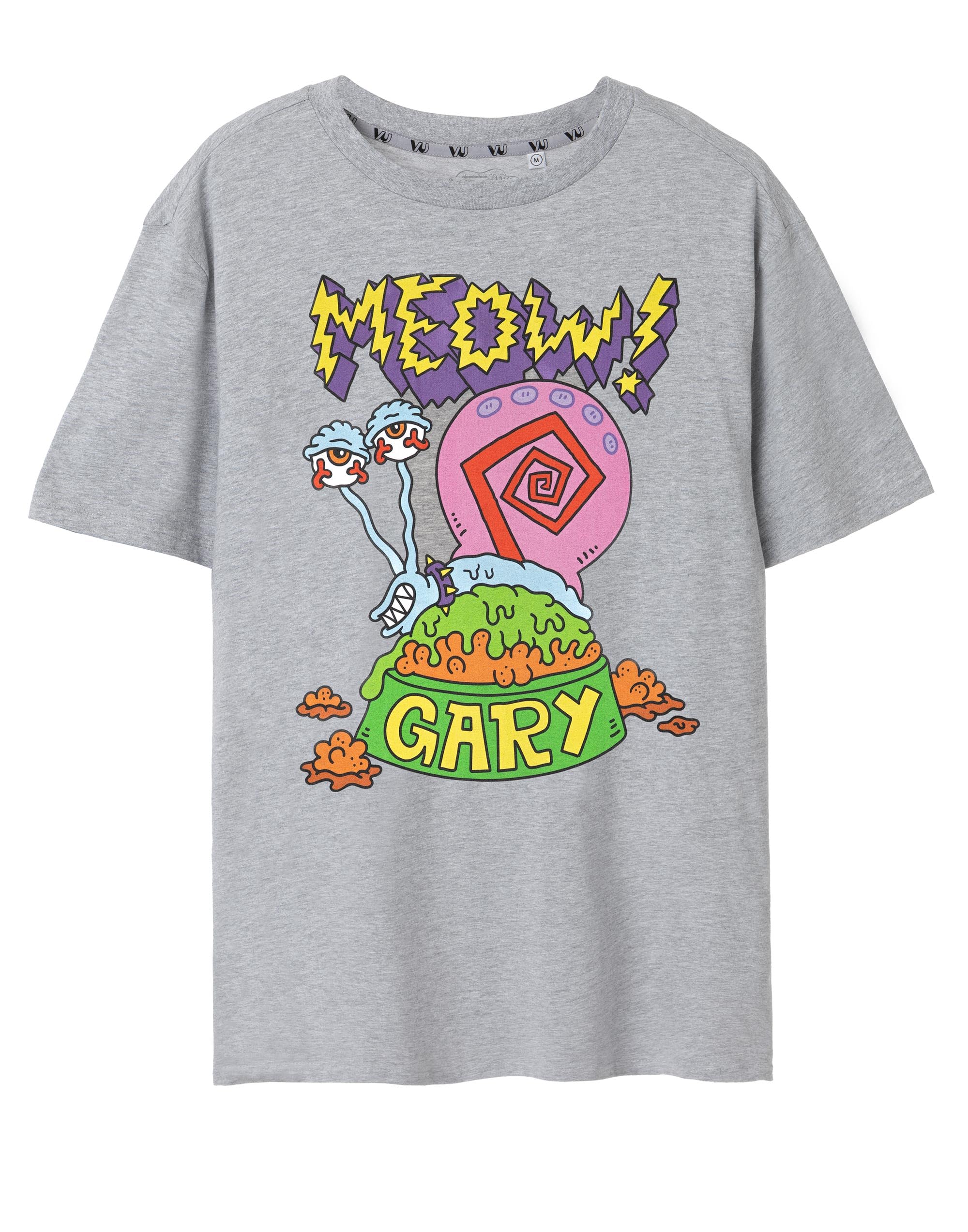 SPONGEBOB SQUAREPANTS Mens T-Shirt | Grey Meow Gary The Snail Graphic Tee for Him | Iconic Cartoon Lightweight Short-Sleeve Top | Sponge Bob Merchandise Gift for Adults