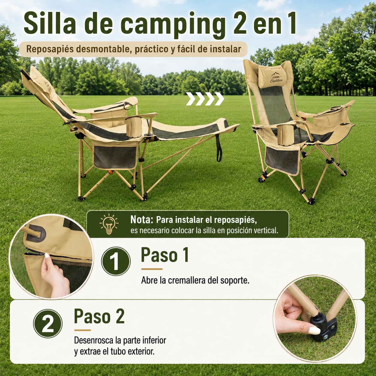 Silla Camping Plegable, 2 en 1 Sillas Playa con Footrest, Regulación de Altura en 4 Posiciones, Incluye Bolsa Isotérmica y Portavasos, Hasta 120KG, para Outdoor Camping Garden Fishing Terrace