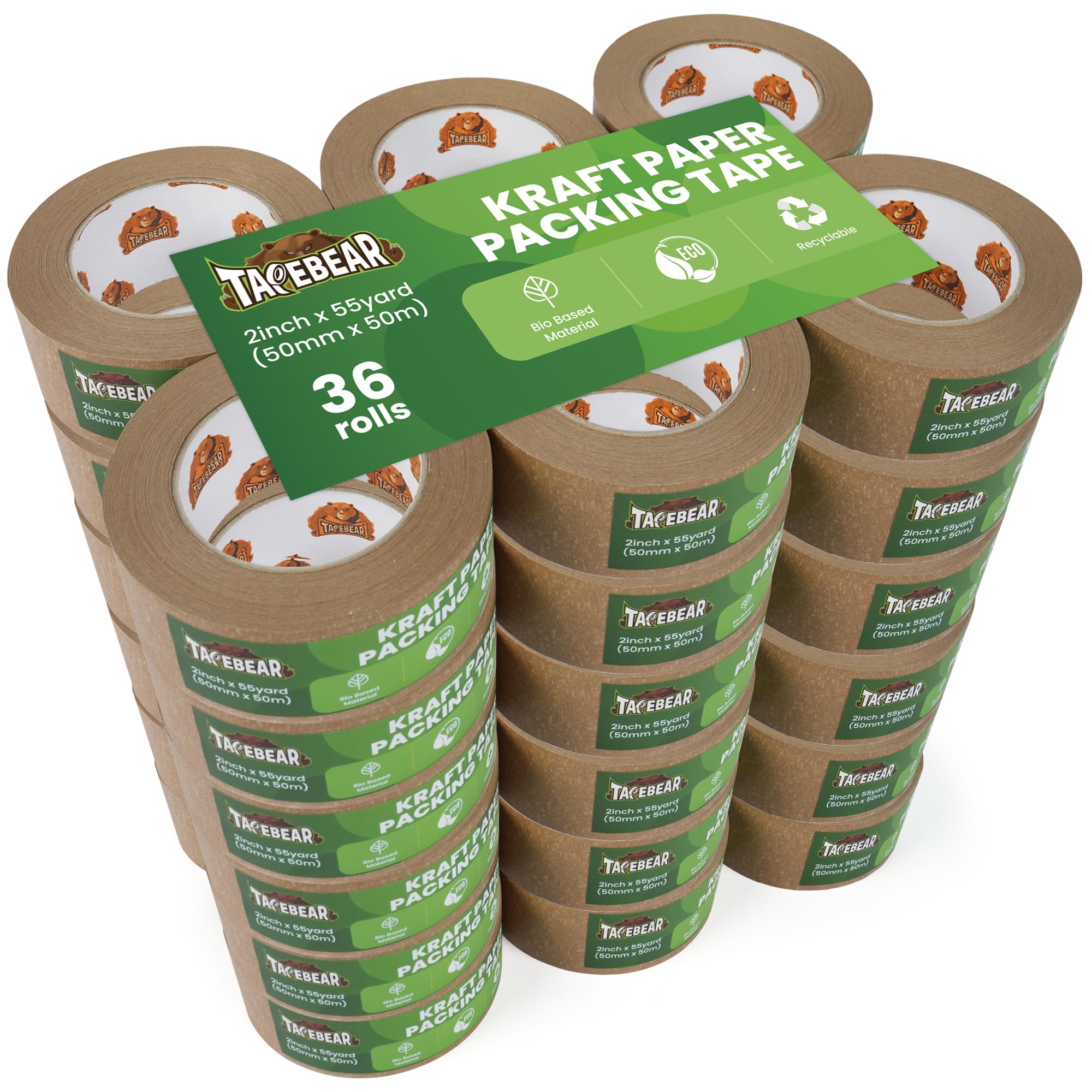 TAPEBEAR Cintas Adhesivas de Papel 50m x 50mm, Reciclable Marrón Cinta Adhesiva de Embalar para Embalaje de Cajas de Cartón de Envíos y Mudanzas, Precinto para Empaquetados Resistentes, 36 Rollo