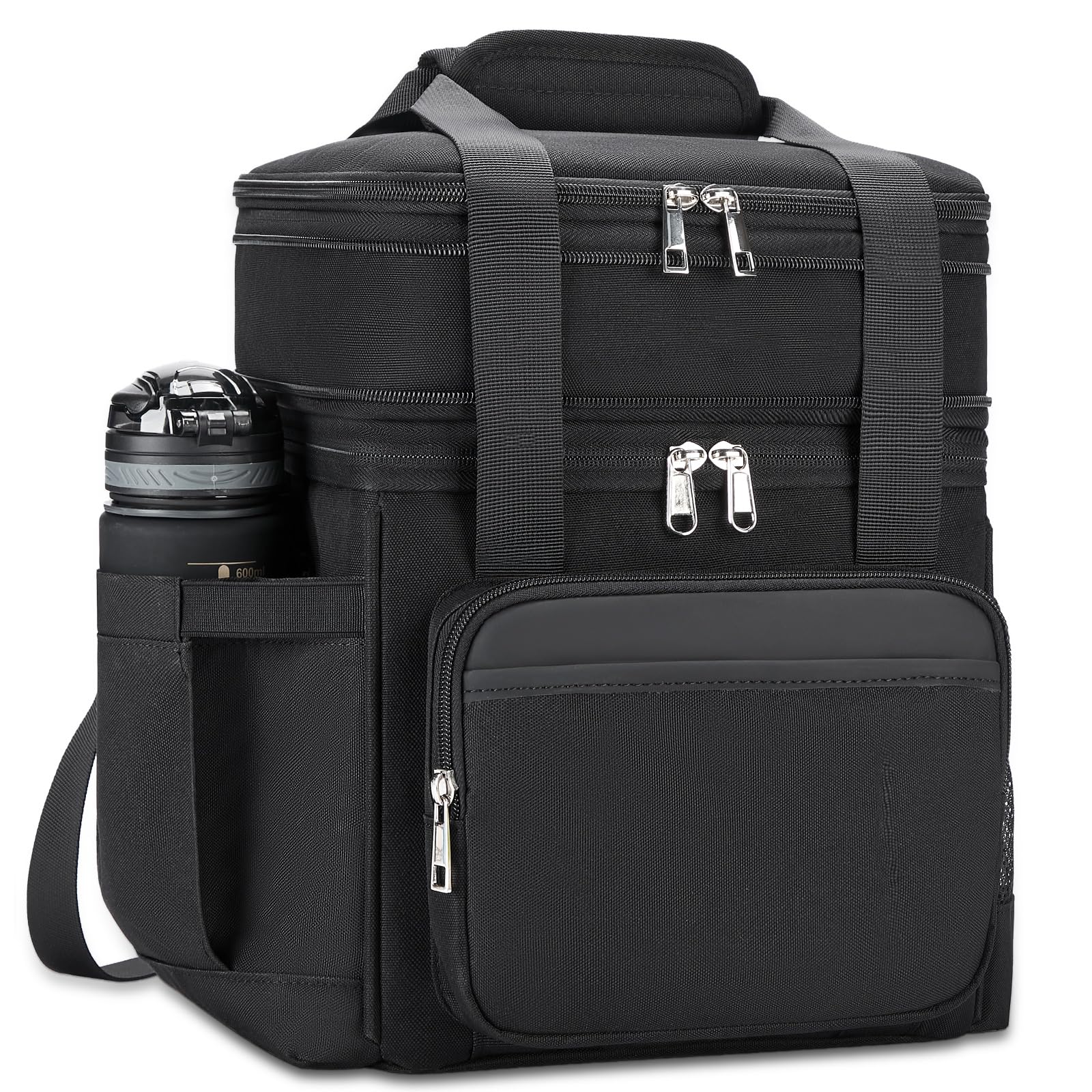 Insulated Lunch Box Bag for Men - Double Deck Reusable Lunch Tote Bag for Women Cooler Bag Leakproof Soft Large - Expandable Lunchbox for Adult/Work/Picnic/Outdoor(Black，15L)