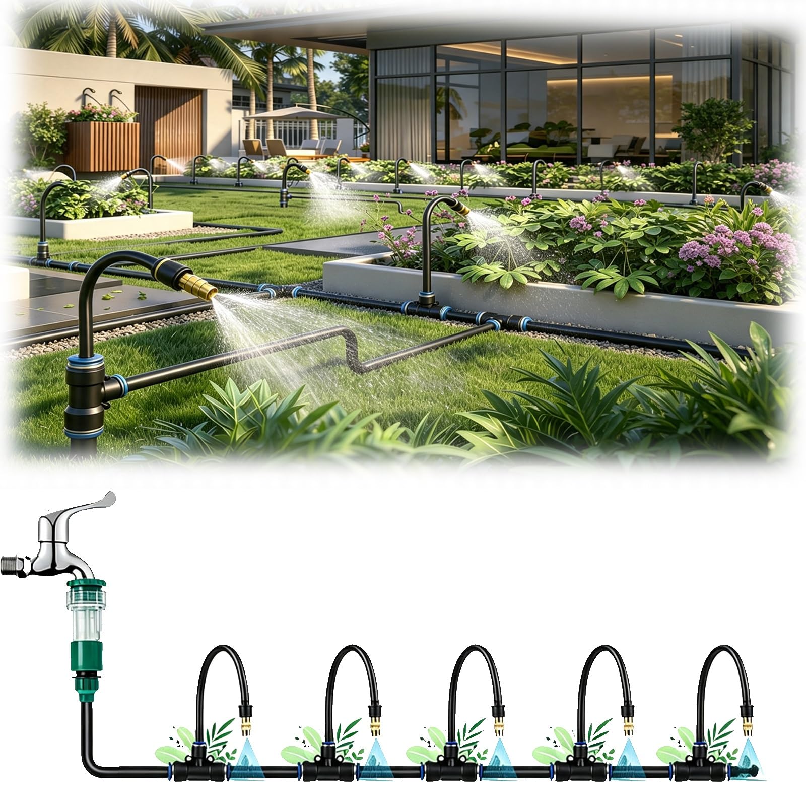 Irrigatore A Nebulizzazione per Aiuole, Kit di Tubi per Irrigazione