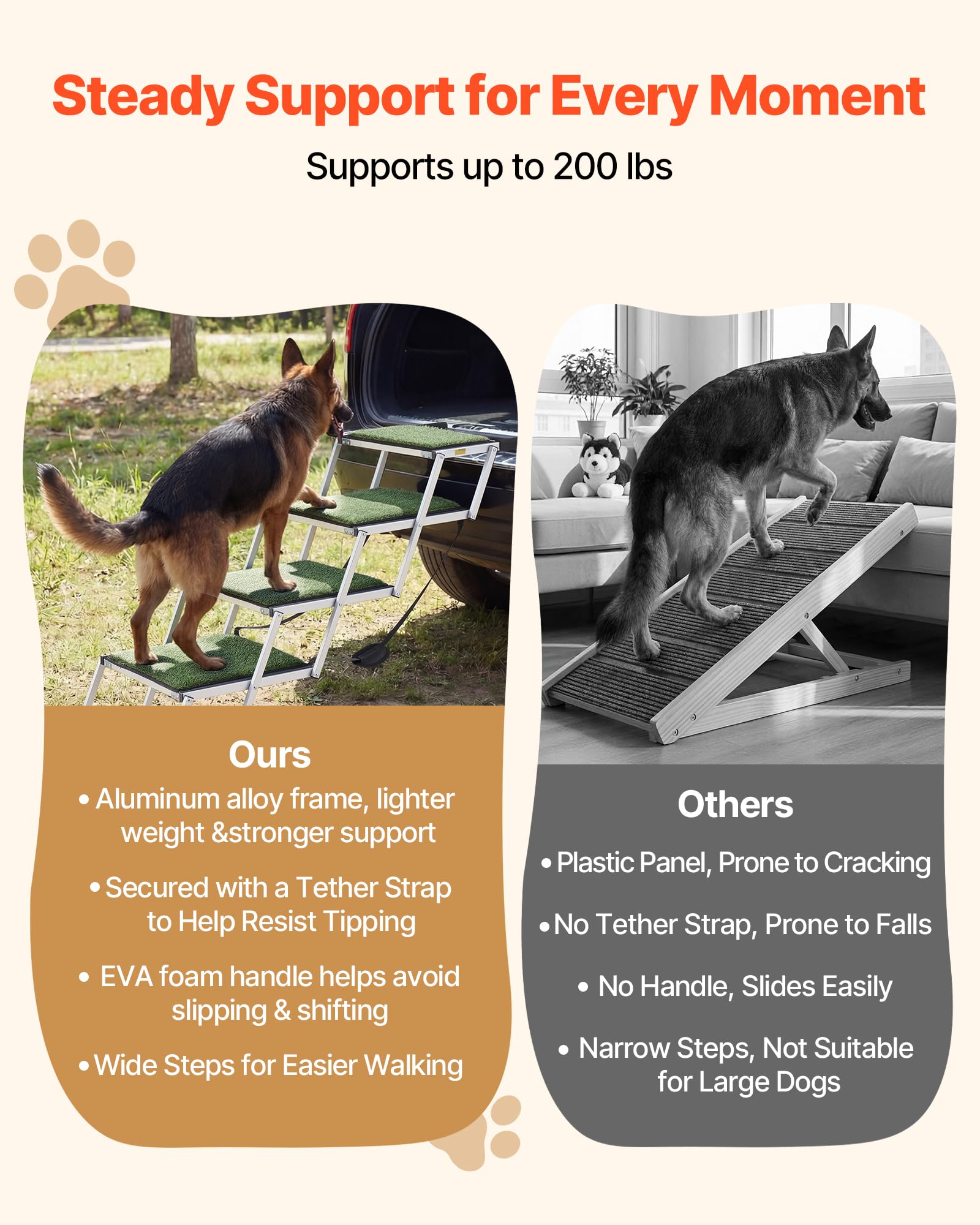 VEVOR Escalera para Perros Plegable para Coche, 4 Peldaños, Rampa para Perros Plegable, Capacidad de Carga de 91 kg, Huella de Hierba Artificial Antideslizante, Ajustable Portátil, Subir a Coche Cama