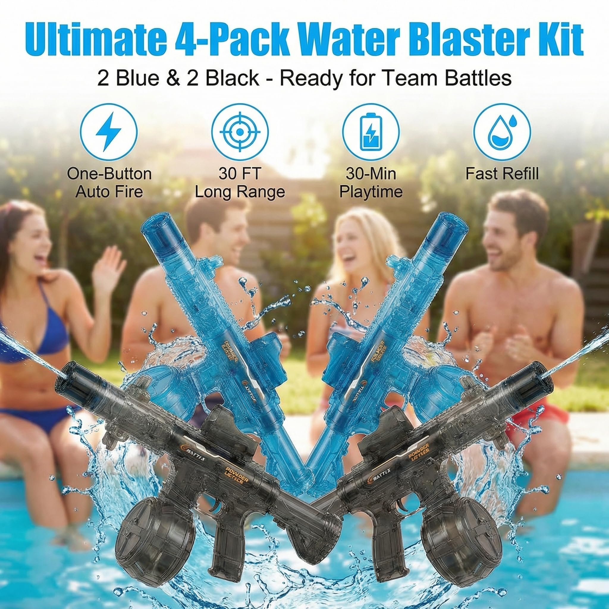 Pistola ad acqua elettrica, confezione da 4, potente pistola ad acqua automatica per combattimenti d'acqua competitivi, pistola a spruzzo a lungo raggio da 26-30 m, per giochi tattici estivi