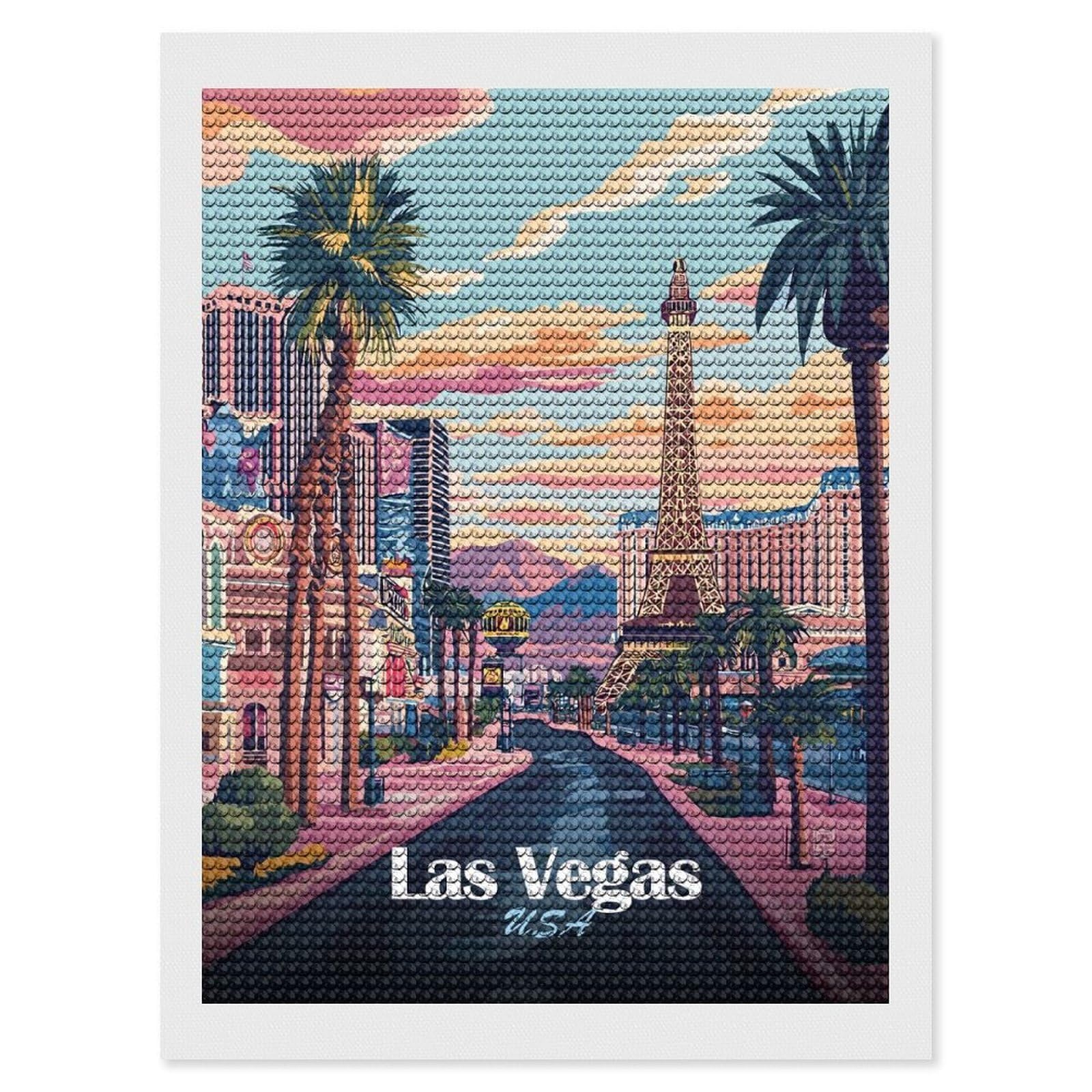 Junmoney Las Vegas USA Travel (2) Round Drill Diamond Painting 12"x16", for Women, Relaxing DIY Hobby, Bedroom Decor, Christmas Gift, Adhesive Canvas