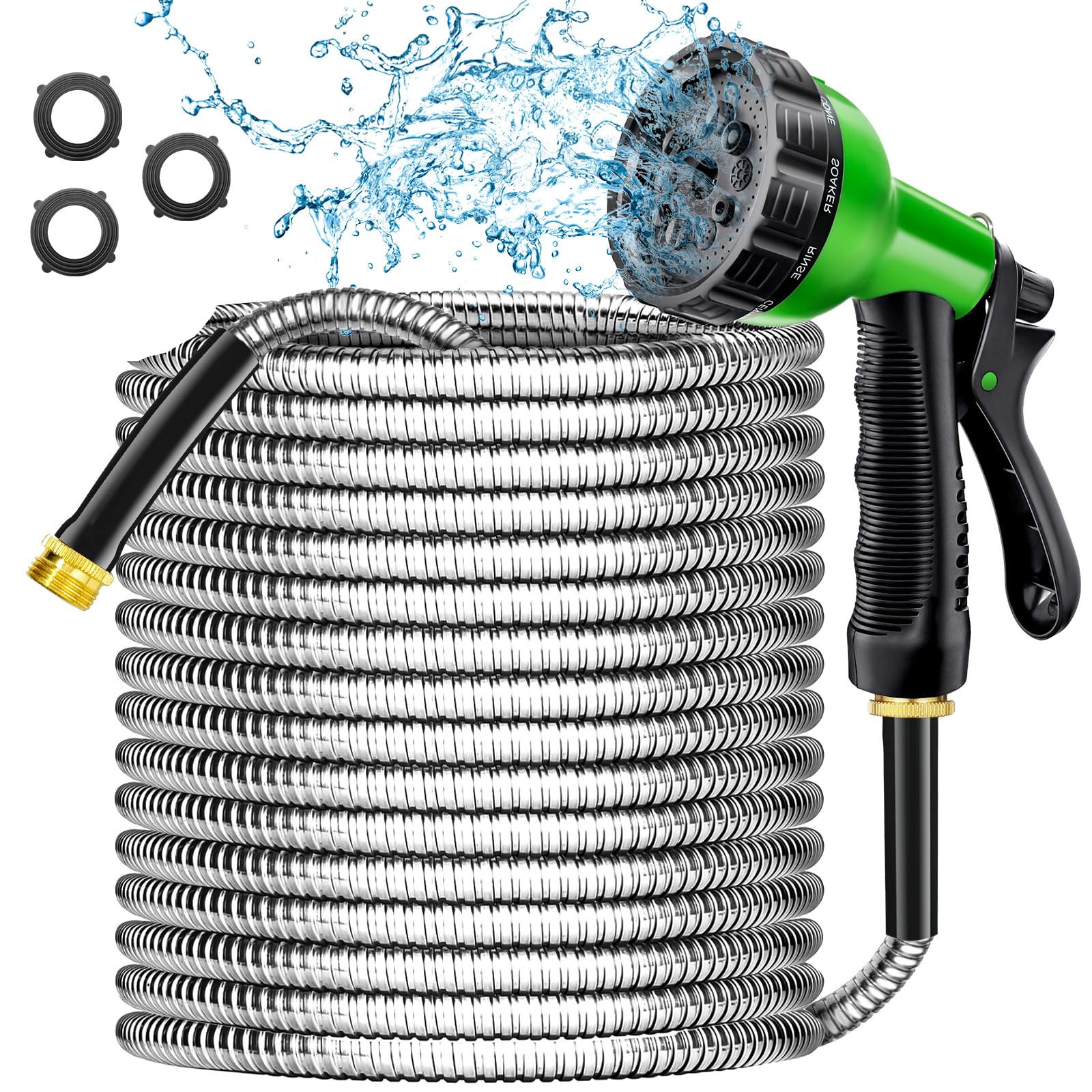 Garden Hose 100 ft - Stainless Steel Water Hose 100ft with 10 Function Nozzle, No Kinks & No Tangles, Flexible, Lightweight, Puncture & Rust Proof Metal Garden Hose for Yard, RV, Garden, Outdoor