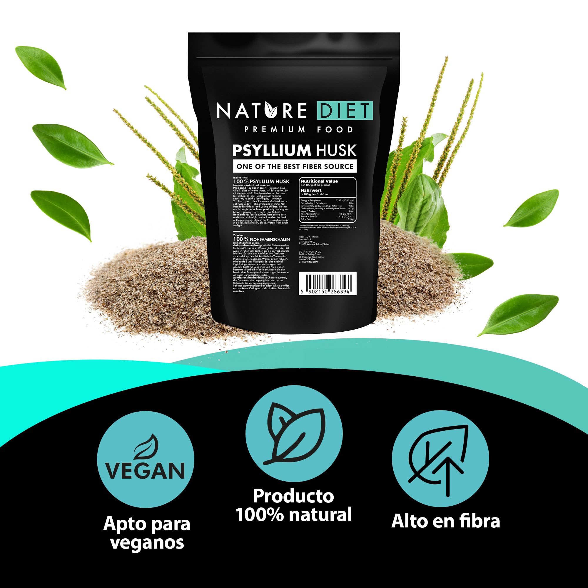 Nature Diet Psyllium Husk Cáscara de psyllium 1000 g | Fuente de fibra | Digestión | Desintoxicación