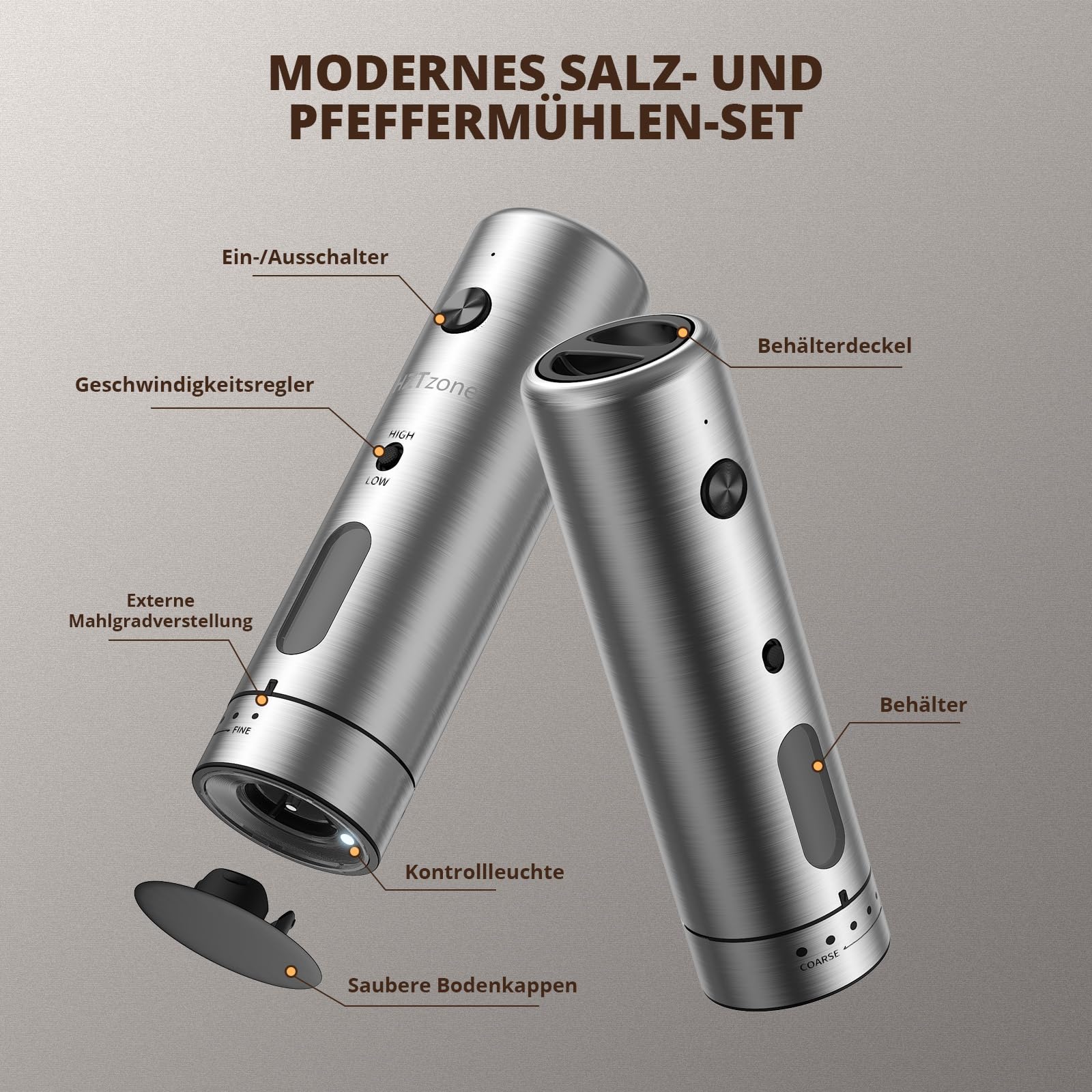 Elektrische Salz und Pfeffermühle Set für Hobbyköche, Einhand-Bedienung | 6 Mahlgrade (fein bis grob), Ladestation mit USB-aufladbar, Keramikmahlwerk, BBQ & Geschenkset, LED-Licht, Edelstahl