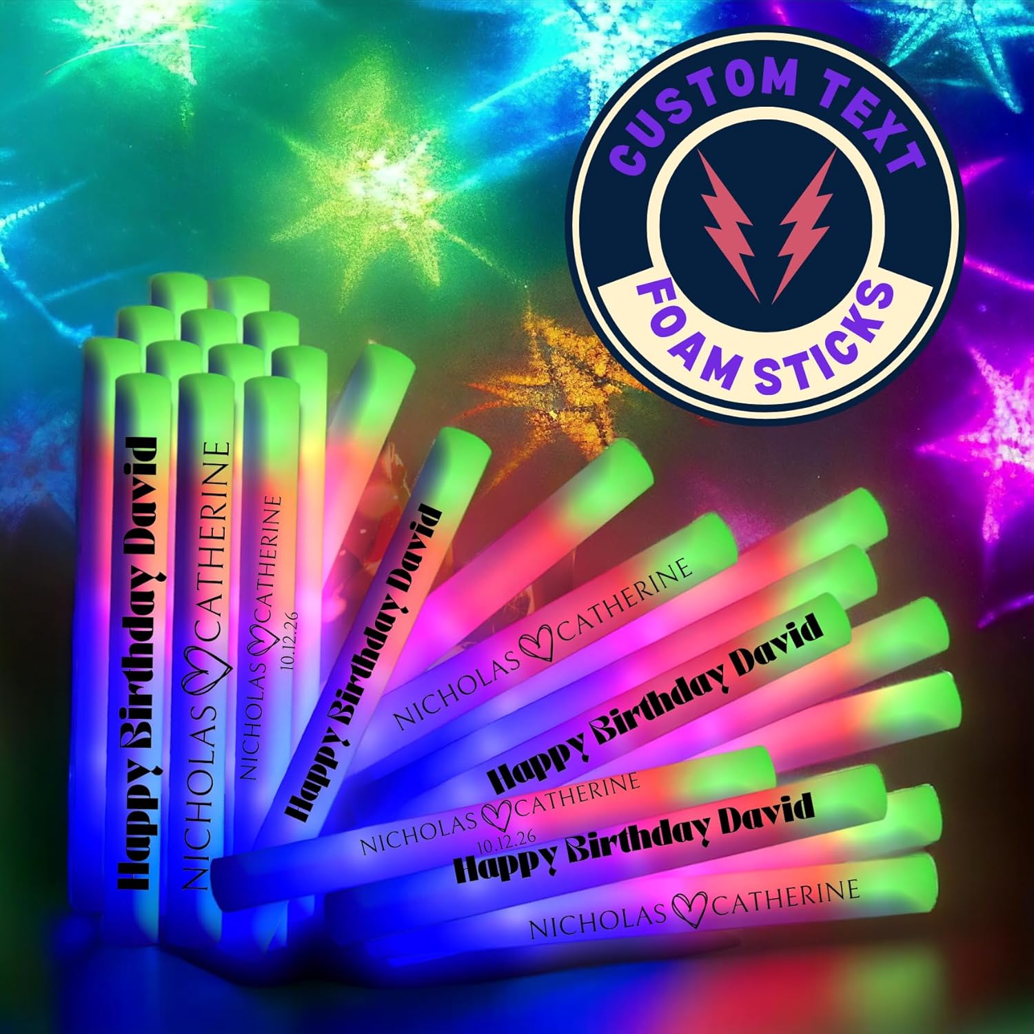 Custom Foam Light Up Sticks 40 Pack, Personalized LED Light Sticks For Any Occasion, Glow Sticks For Weddings, Birthday, Dance Floor Props, 3 Modes Flashing Glow Wands