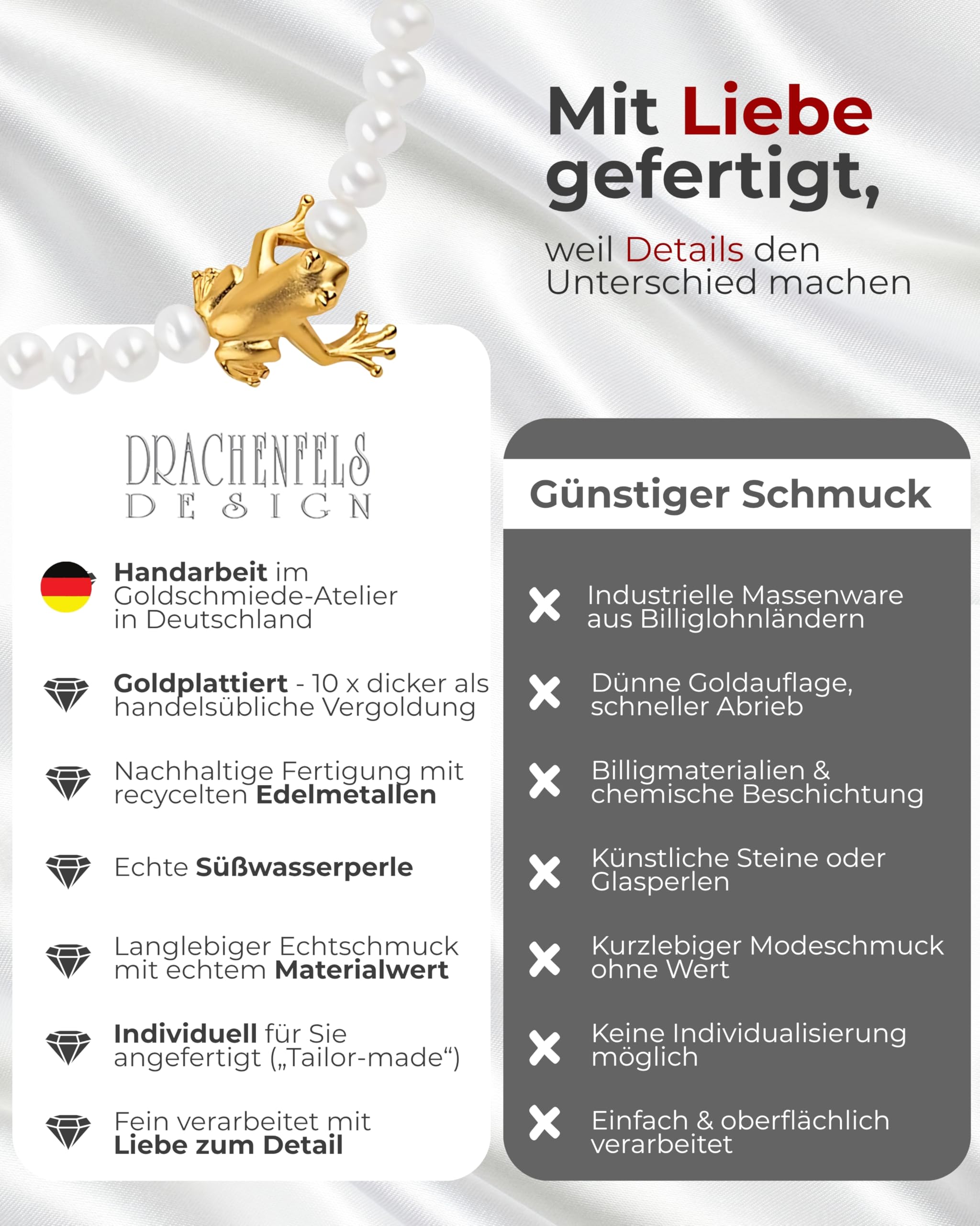Drachenfels Froschkönig Armband I Perlen-Armband aus echten Süßwasserperlen & goldplattiertem 925 Sterling Silber I Perlenarmband inkl. Verpackung I In Goldschmiedequalität gefertigt I D FR 81/AGG