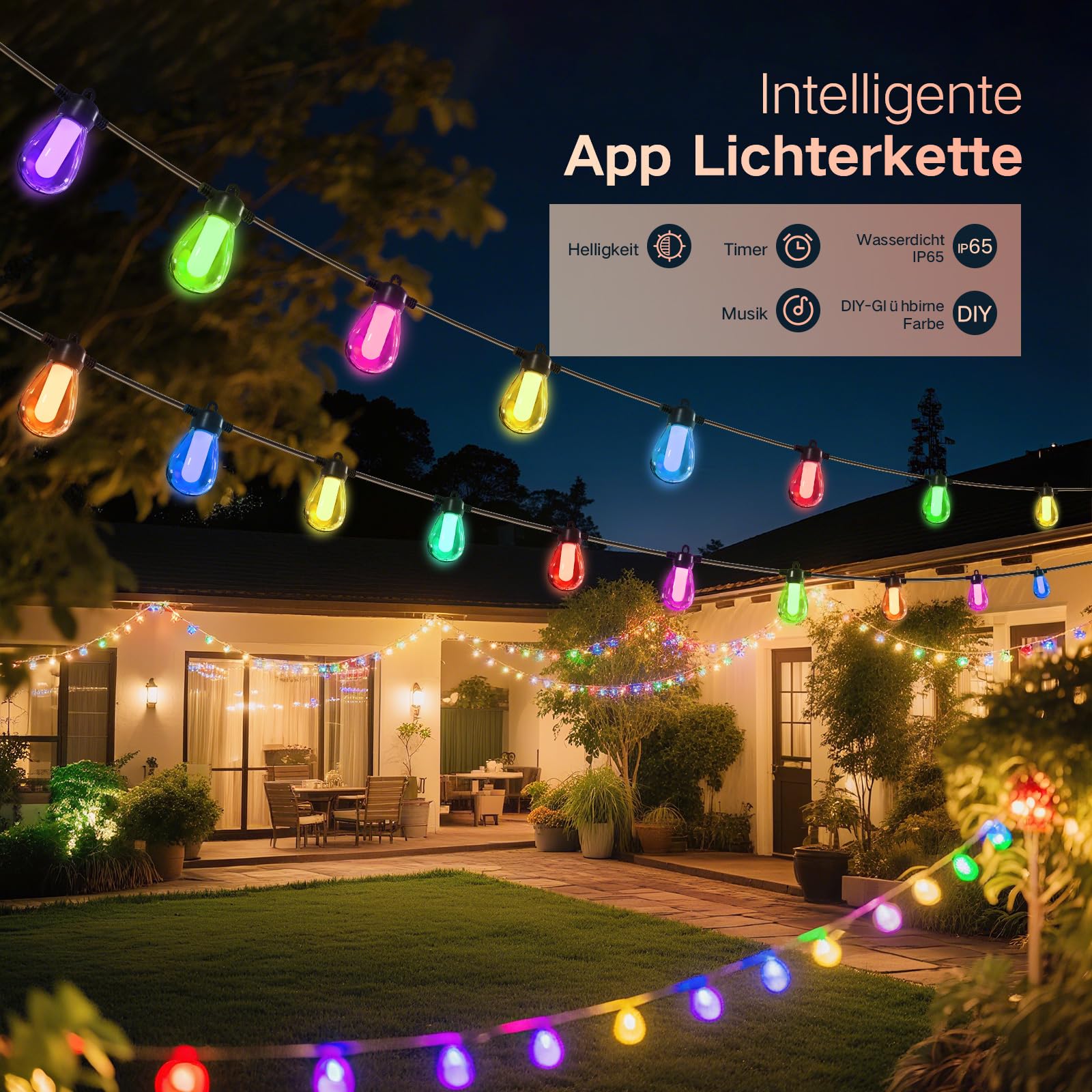 Guirlande lumineuse de 15 m pour l'extérieur/l'intérieur, réglable, RGB, plus de 1000 modes pour les fêtes, terrasses, brasseries en plein air, pavillons, balcons, jardins, Halloween, Noël (APP)