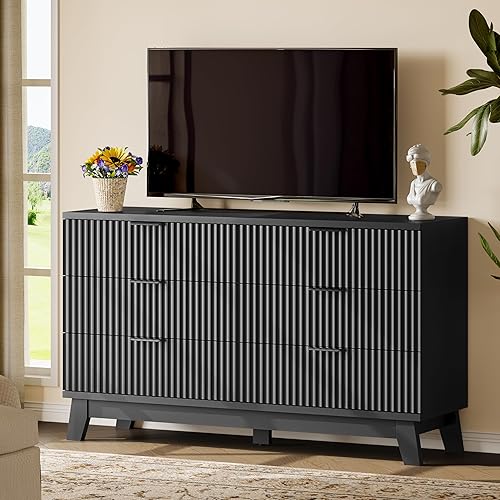 Vista 7 de Cómoda acanalada con 6 cajones, cómoda moderna de 54 pulgadas de ancho con mango de metal, soporte de TV de madera, organizador de almacenamiento