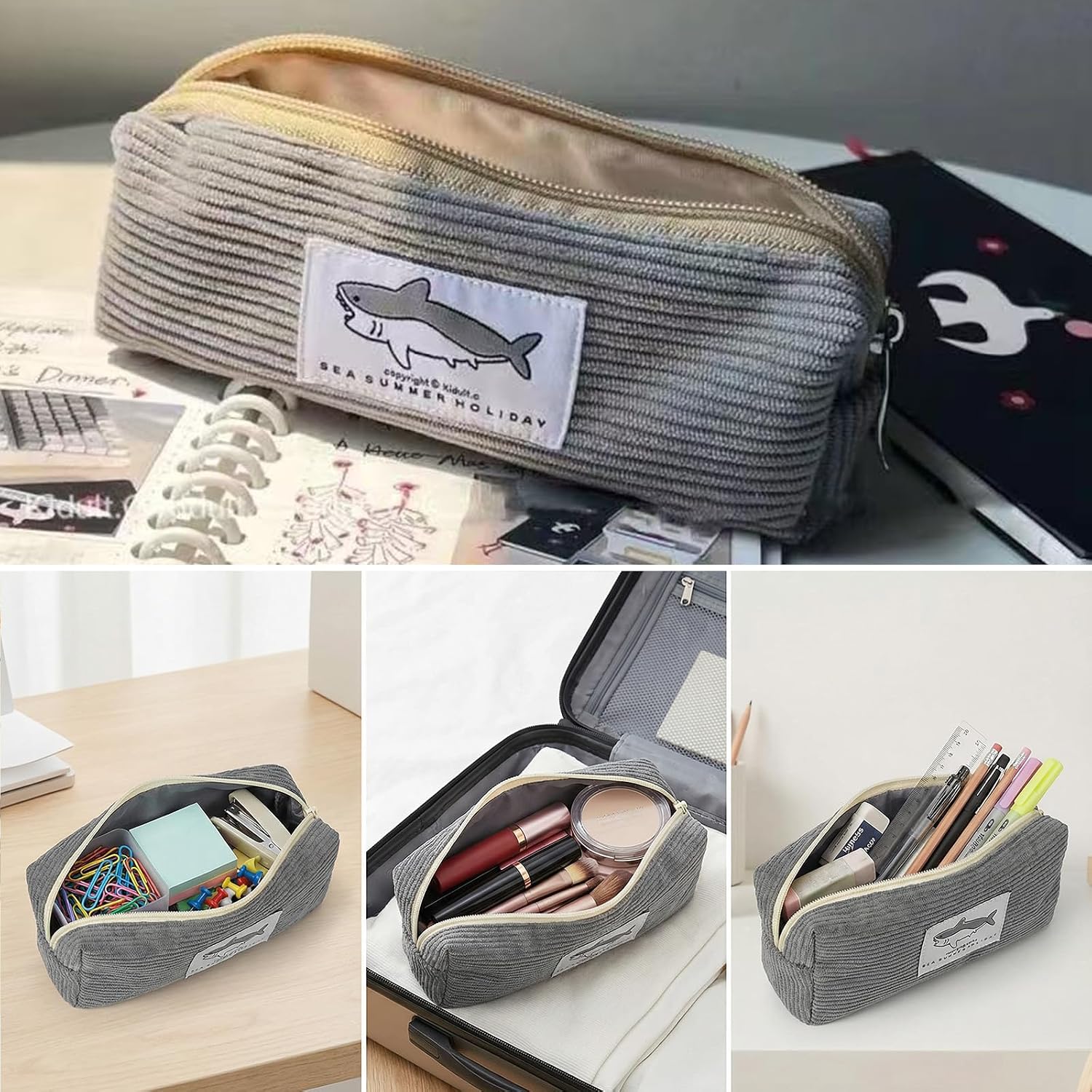 Pencil Case Large Capacity Pencil Pouch with Shark, Gray Zippered Pouch for Office Stationery Organizer (Dark grey)