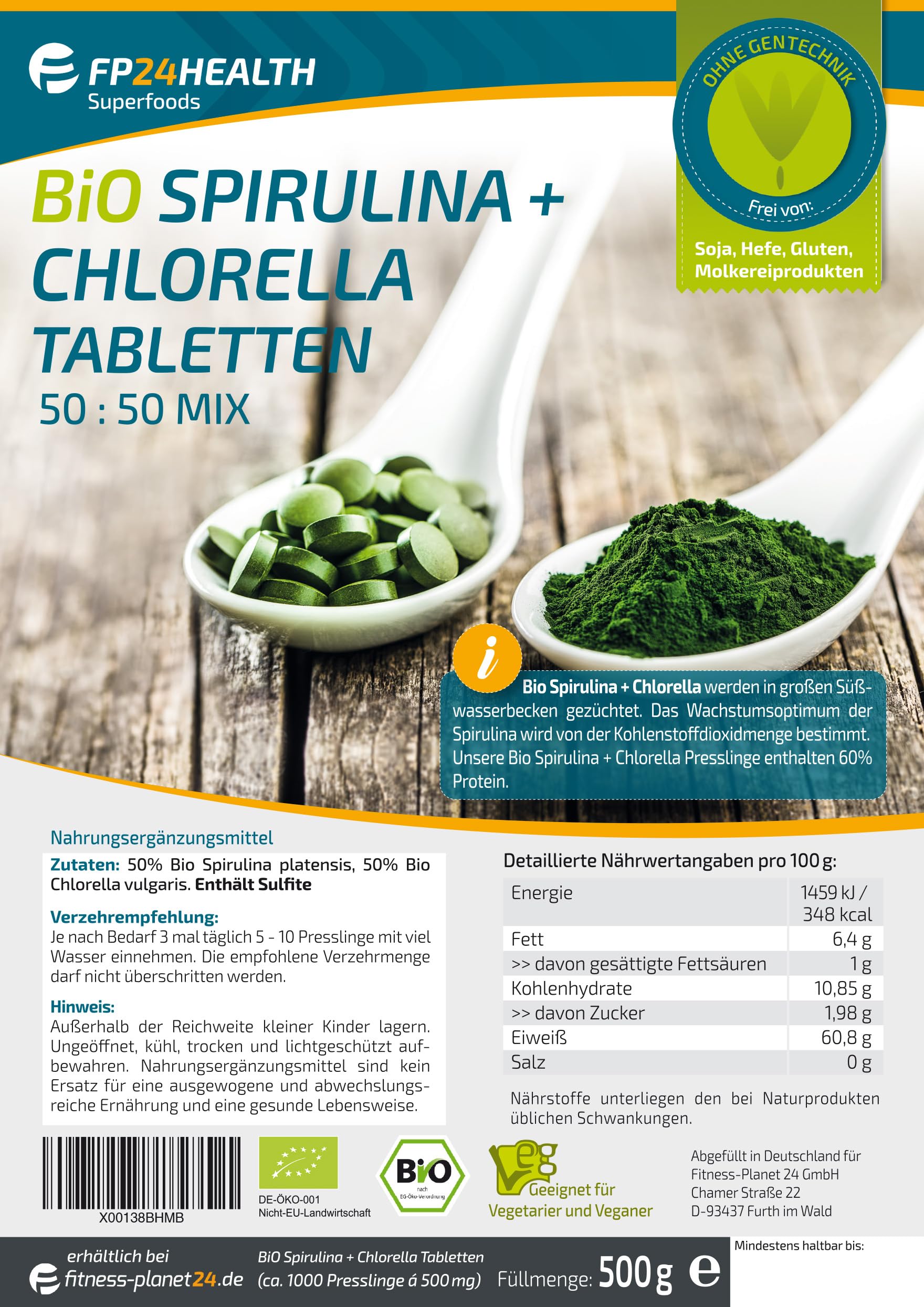 Bio Spirulina + Chlorella - 1000 Tabletten 500g - 500mg pro Tablette - Plantensis und Vulgaris Algen - Hochdosiert - Presslinge - Top Qualität