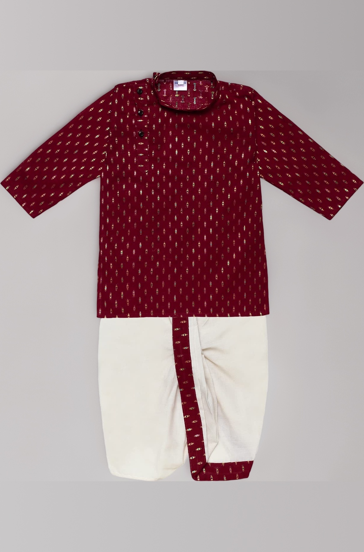 superminis Boy's Cotton Kurta with Dhoti - Golden Thread Work, Solid Round Collar, Full Sleeves, Side Button Kurta Set for Ethnic Wear