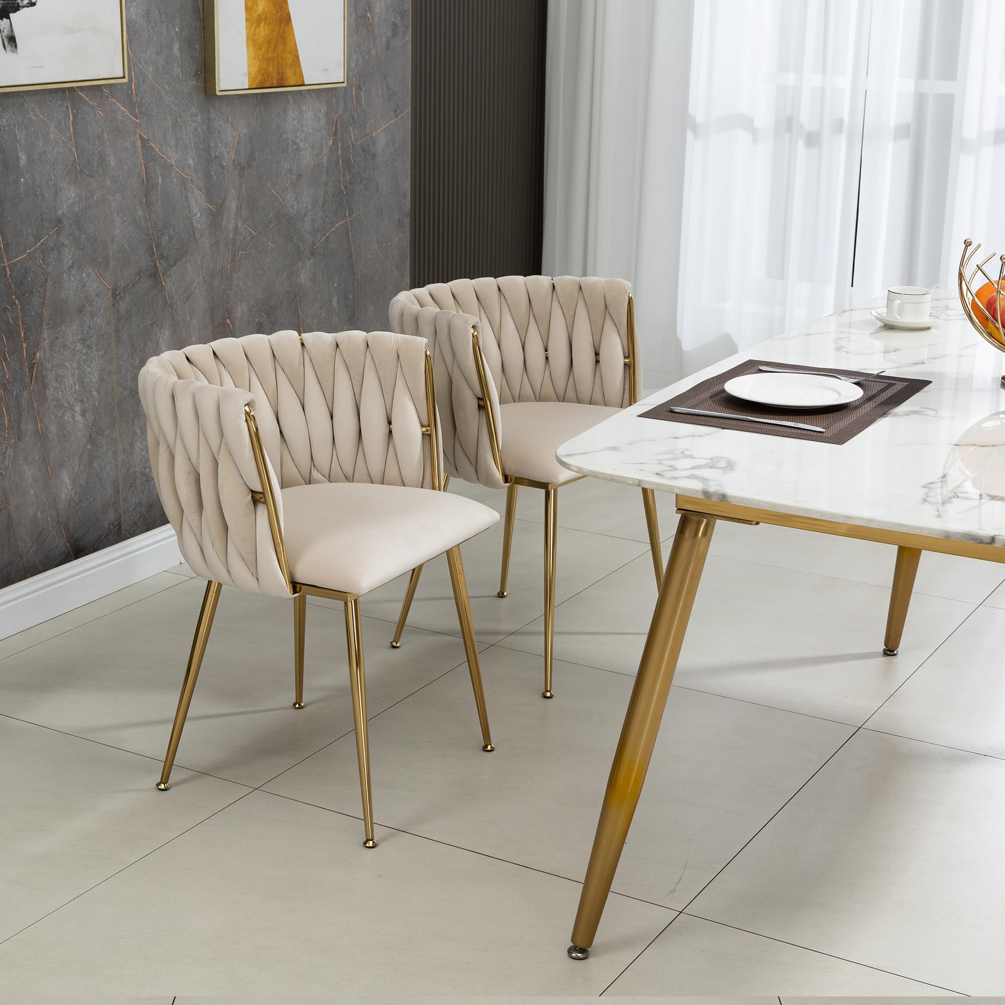 Set di 2 sedie da pranzo in velluto moderno e lussuoso con gambe in metallo dorato, elegante design intrecciato a mano e morbidi cuscini per sala da pranzo, soggiorno e camera da letto
