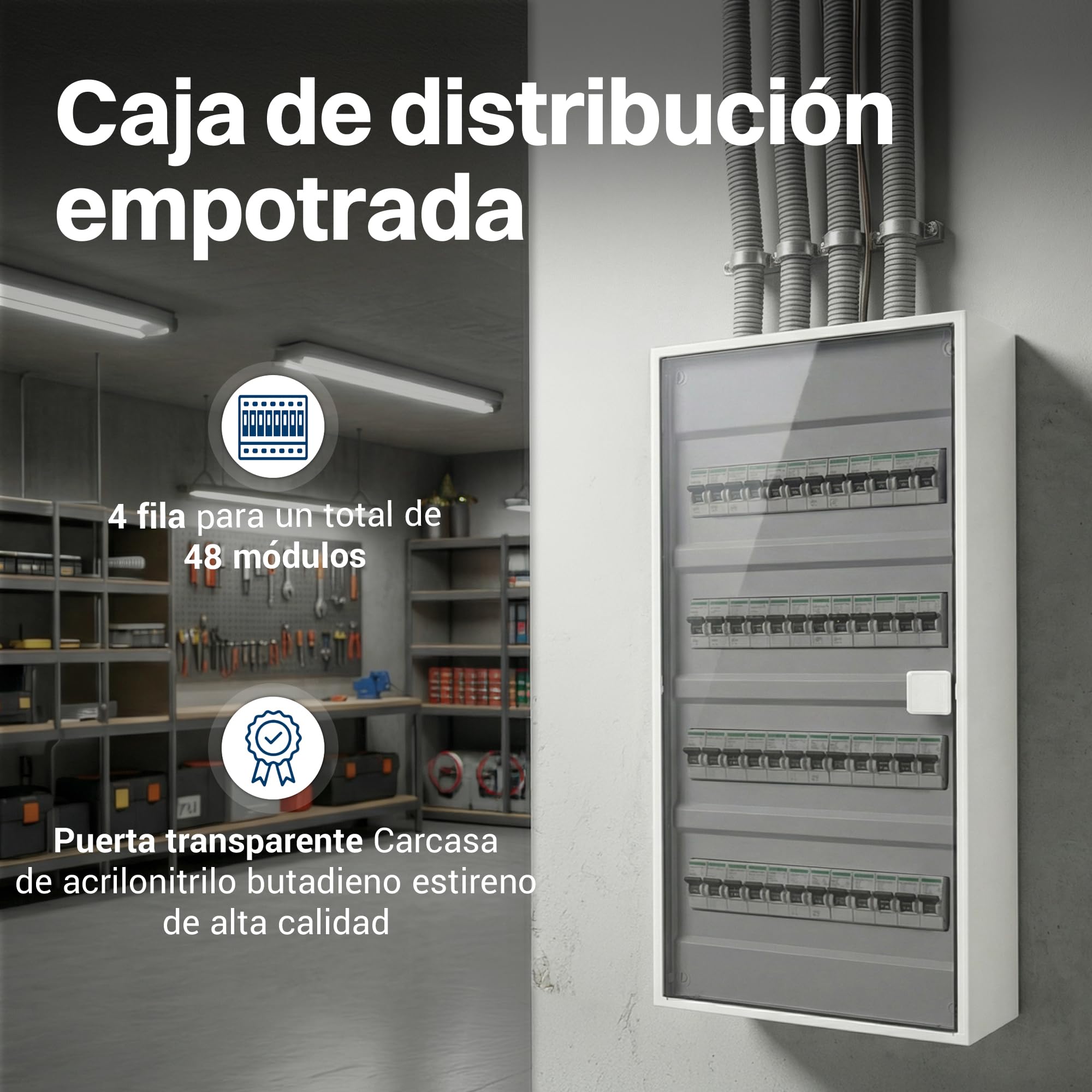 Intratec ALPHA Cuadro eléctrico de superficie 4 filas – Caja de distribución para 48 módulos con puerta transparente – Envolvente eléctrica con carril DIN para hogar y profesional – 650 x 310 x 96 mm