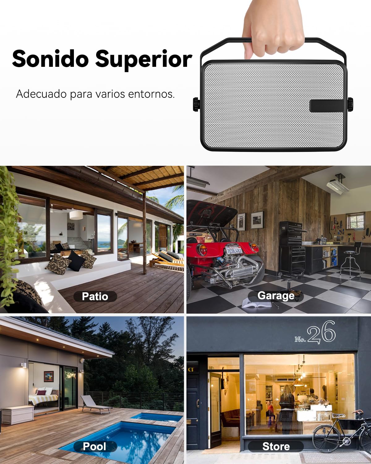 Altavoces Bluetooth 400W Exteriores, Graves Potentes, Sincronización Inalámbrica con 100 Altavoces, Montaje en Pared para Patio, Porche, Gazebo, Par, Blanco(MZ-621)