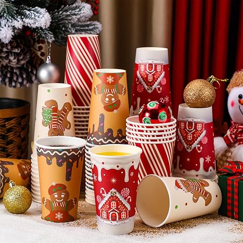 Miniatura 6 de Gerrii 60 vasos desechables de Navidad de 16 onzas, vasos de papel de Navidad desechables para bebidas frías y calientes, tazas de pan de jengibre