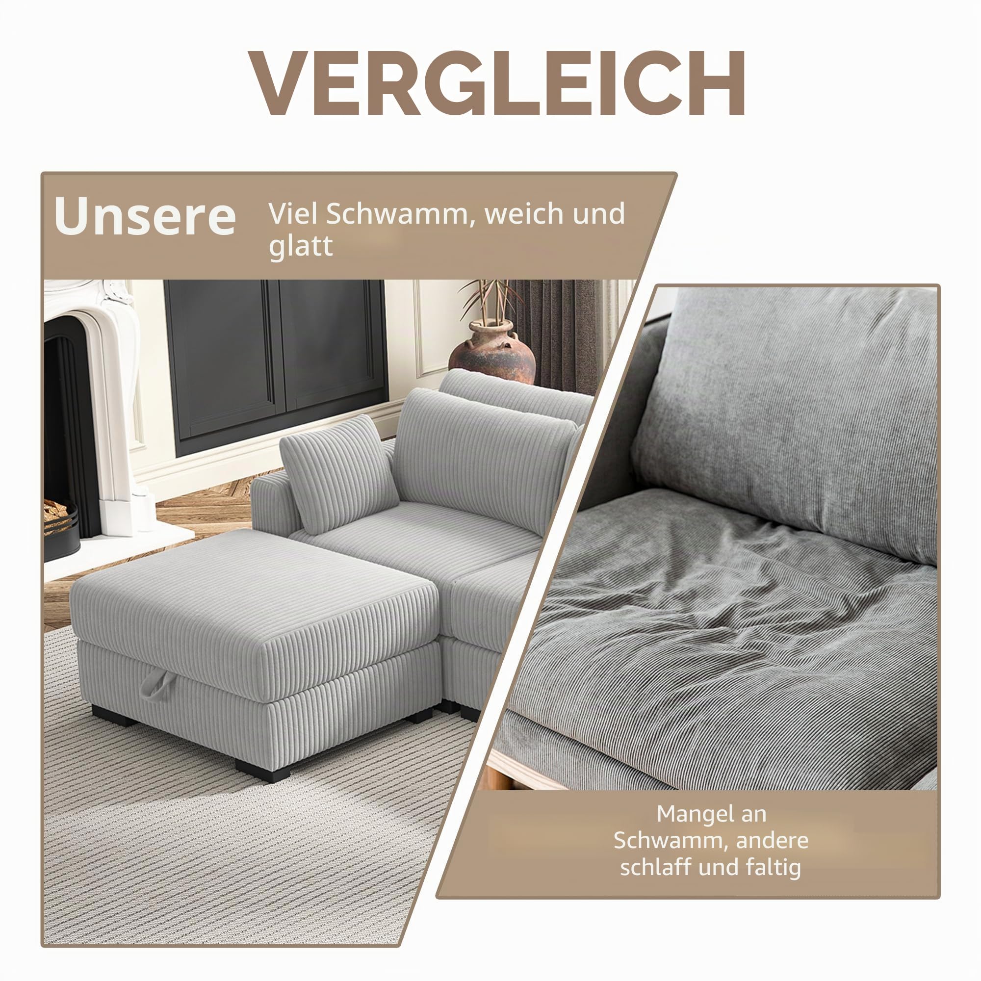 Fußstütze für Sofa, groß, mit Aufbewahrung, quadratisch, gepolstert, aus Cord, für Wohnzimmer, Sofa, Aufbewahrung, mit Sitzhocker, für Wohnzimmer, Schlafzimmer, Grau