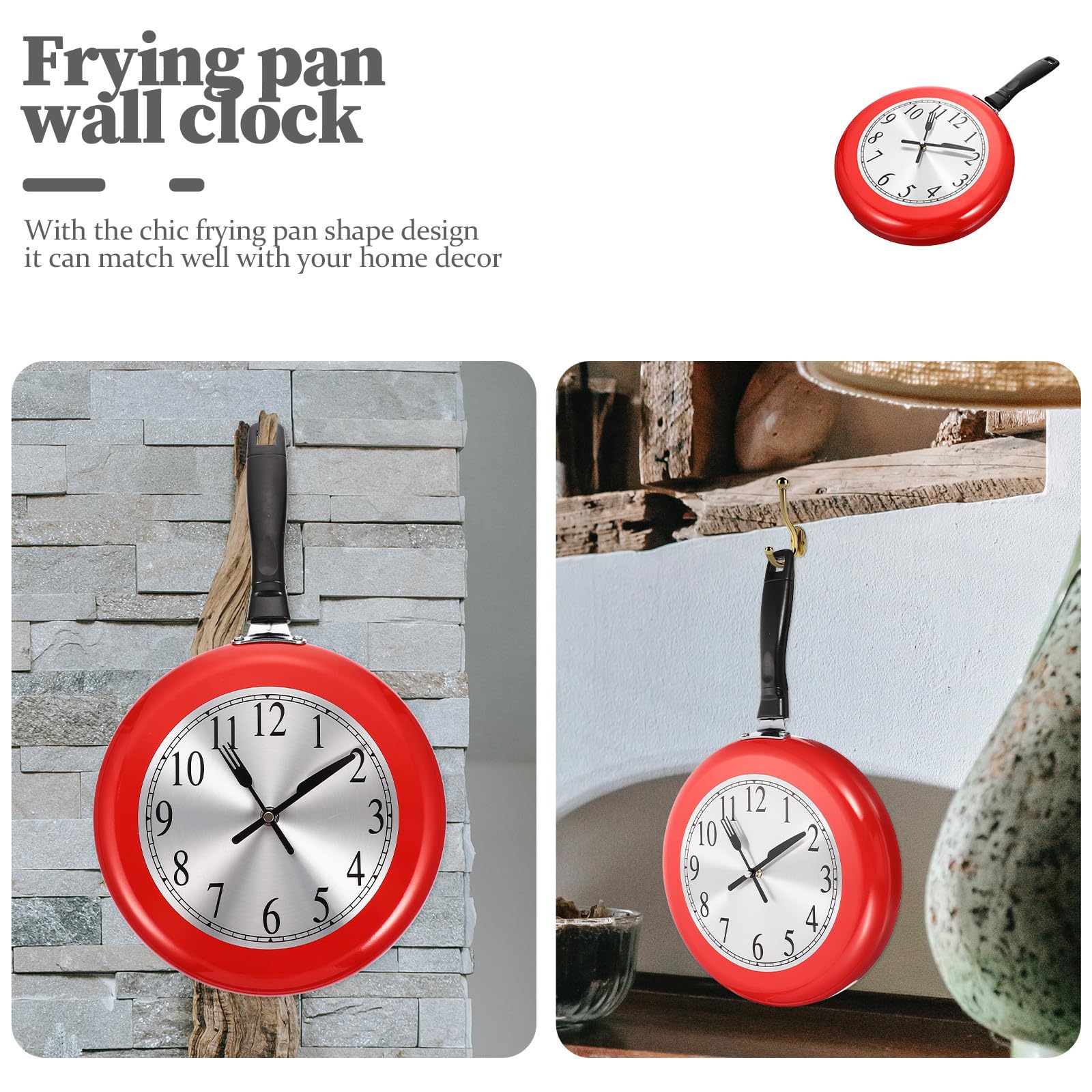 Acciaio Inox Orologio da Parete Silenzioso a Forma di Padella Rosso