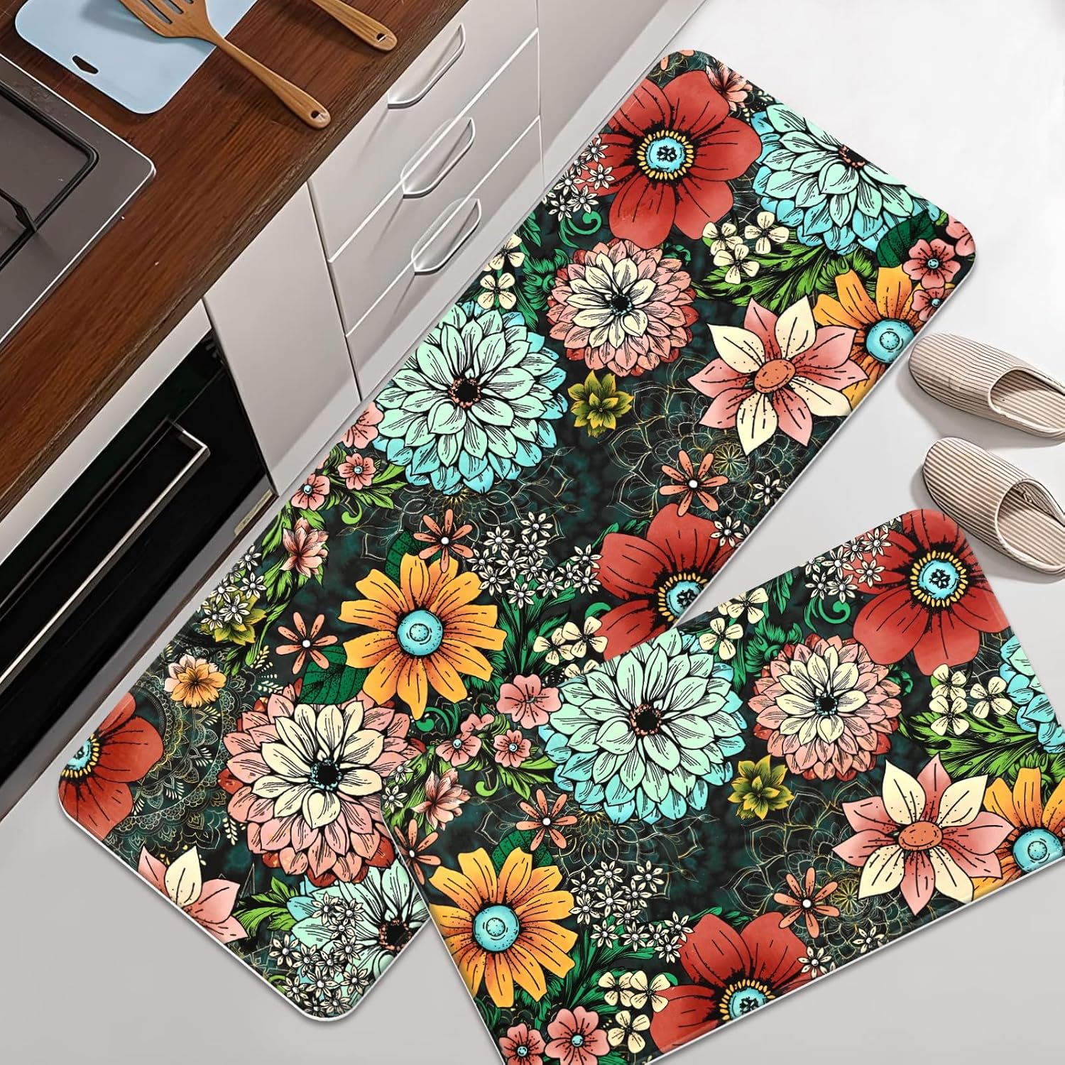 FRAMICS Kitchen Mats 2 PCS Boho Floral Kitchen Rugs