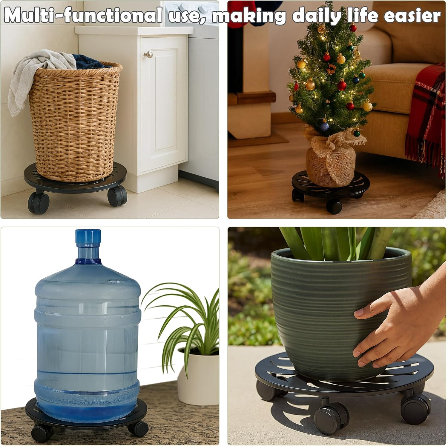 3-pack 12 Inches Square Metal Plant Caddy with Wheels Heavy-Duty Large Rolling Plant Stand Indoor Outdoor Wheeled Planter Dolly Cart Coaster Flower Pot Mover Roller Trolley, Black