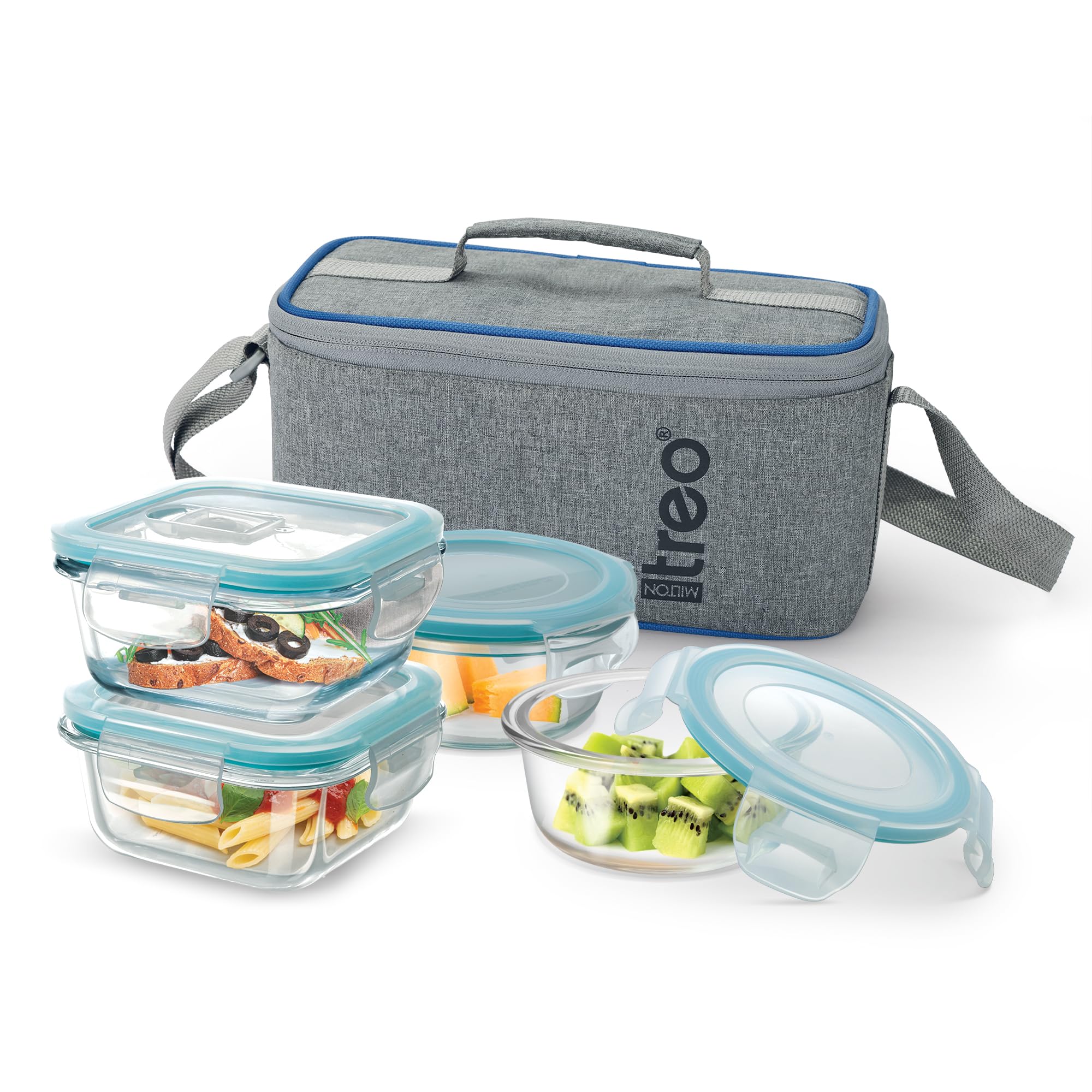 Treo By Milton All Fresh Omni Mini Borosilicate Glass Tiffin|Microwave & Oven Safe|Air Vent Leak-Proof Lid with Durable Jacket|for Office & Travel| Set of 4: 2 × 320ml Square & 2 × 200 ml Round, Grey